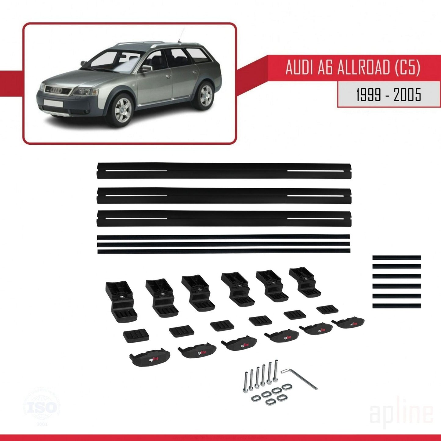 Compatible avec A6 (C5) Allroad 1999-2005 BASIC Model Barres de Toit Railing Porte-Bagages de Voiture Noir Aluminium 3 Barres