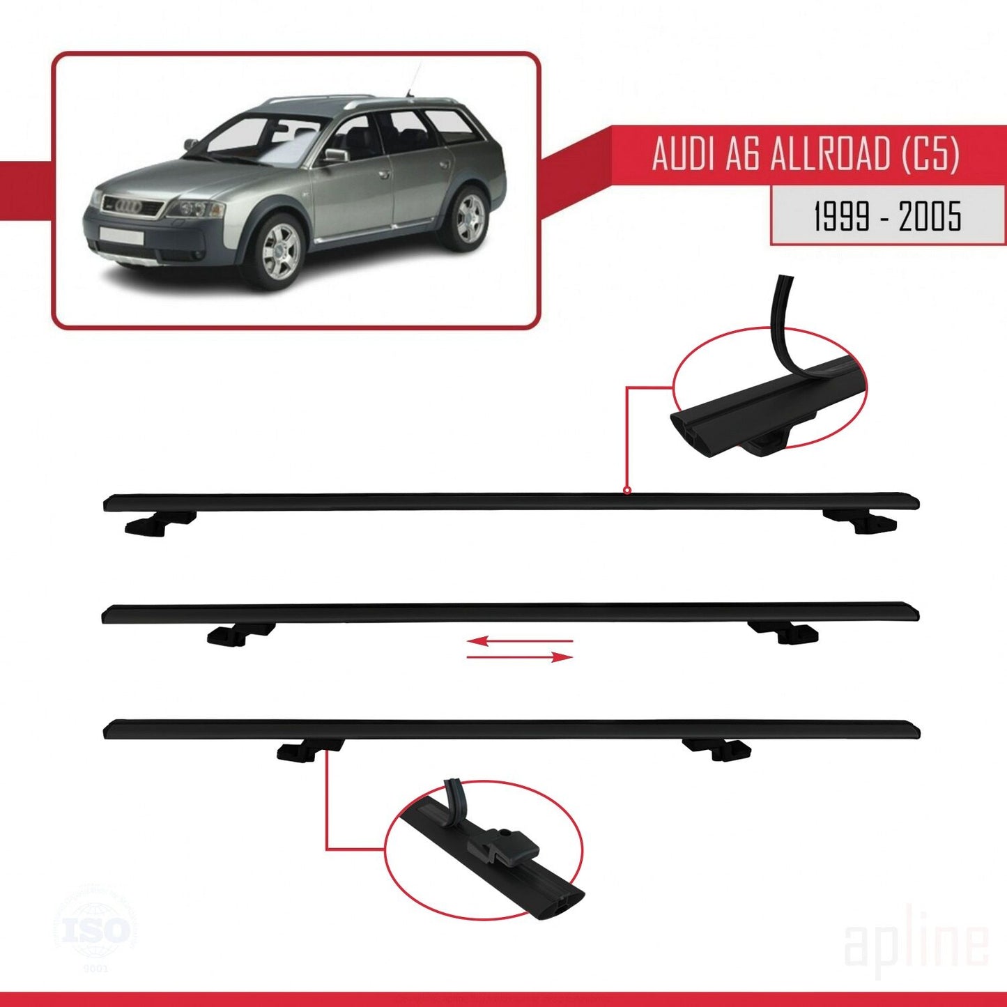 Compatible avec A6 (C5) Allroad 1999-2005 BASIC Model Barres de Toit Railing Porte-Bagages de Voiture Noir Aluminium 2 Barres