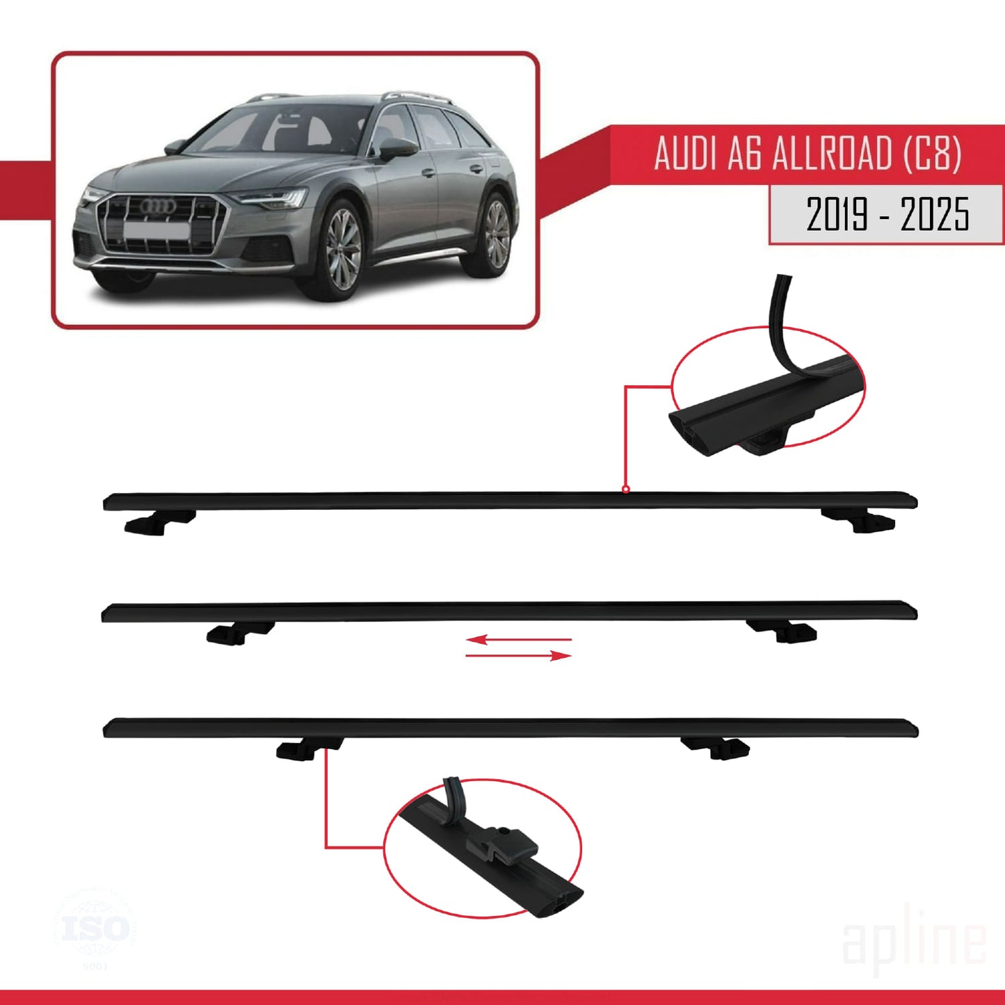 Compatible avec A6 (C8) Allroad 2019-2025 BASIC Model Barres de Toit Railing Porte-Bagages de Voiture Noir Aluminium 2 Barres
