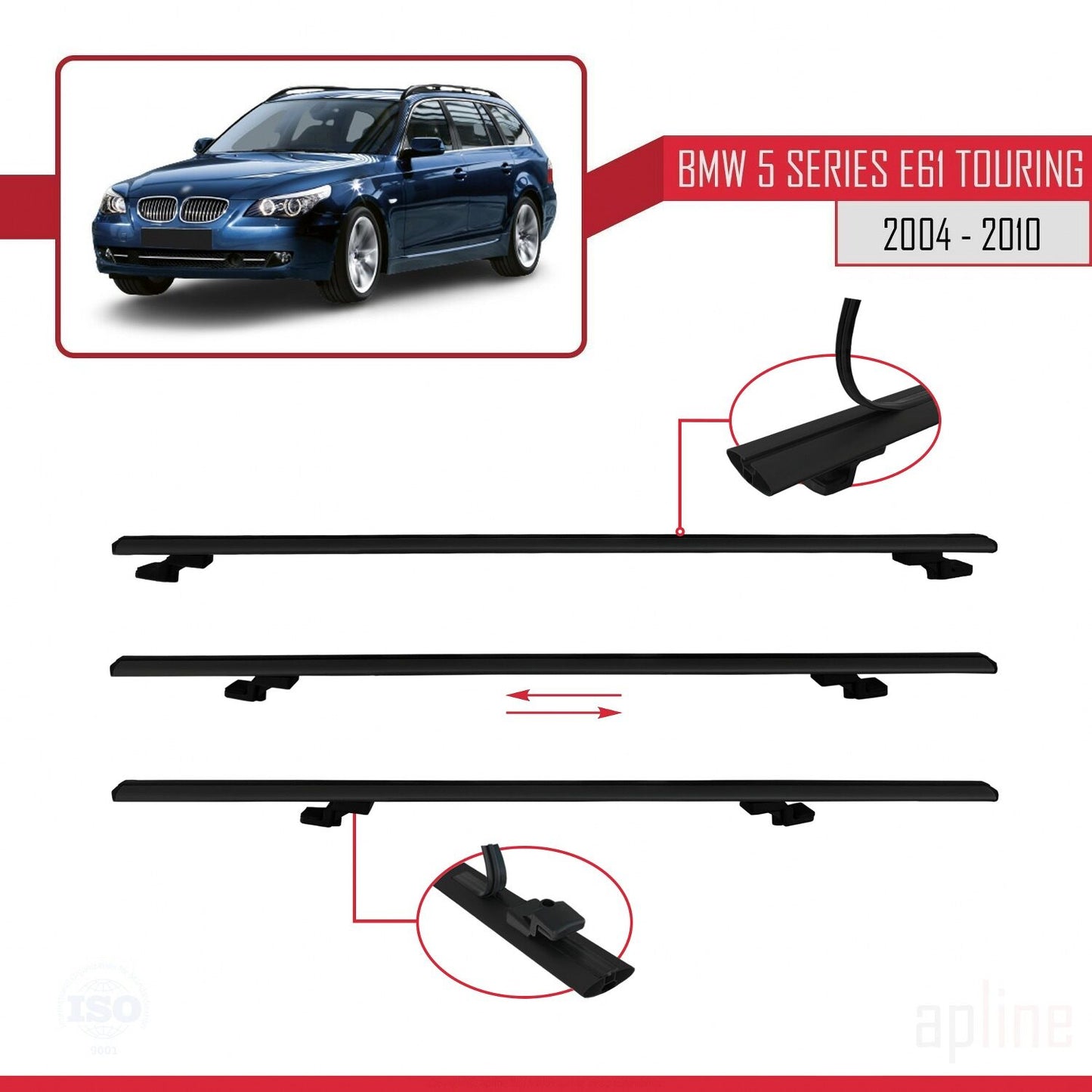 Compatible avec BMW Série 5 (E61) Touring 2004-2010 BASIC Model Barres de Toit Railing Porte-Bagages de Voiture Noir Aluminium 3 Barres