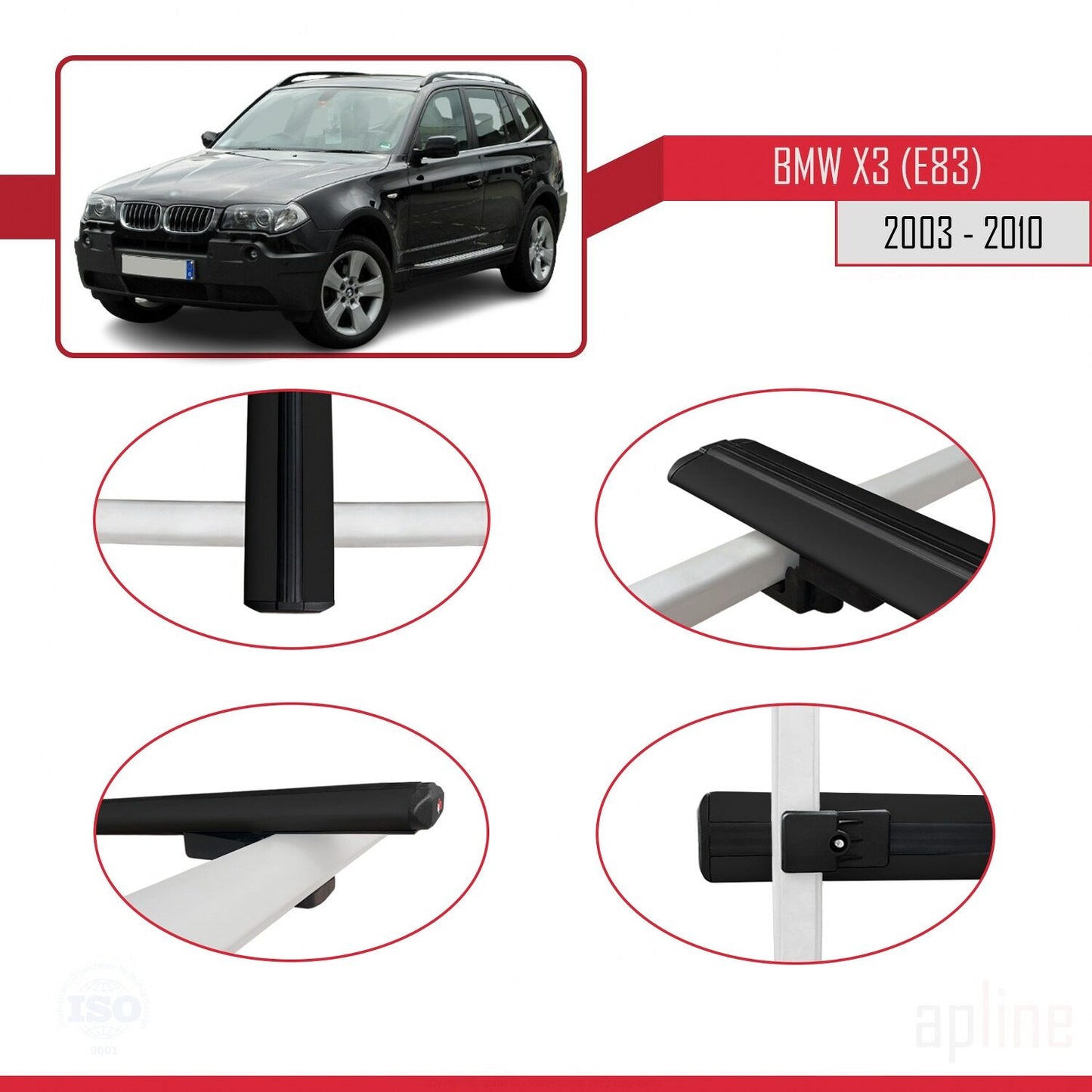 Compatible avec BMW X3 (E83) 2003-2010 BASIC Model Barres de Toit Railing Porte-Bagages de Voiture Noir Aluminium 3 Barres