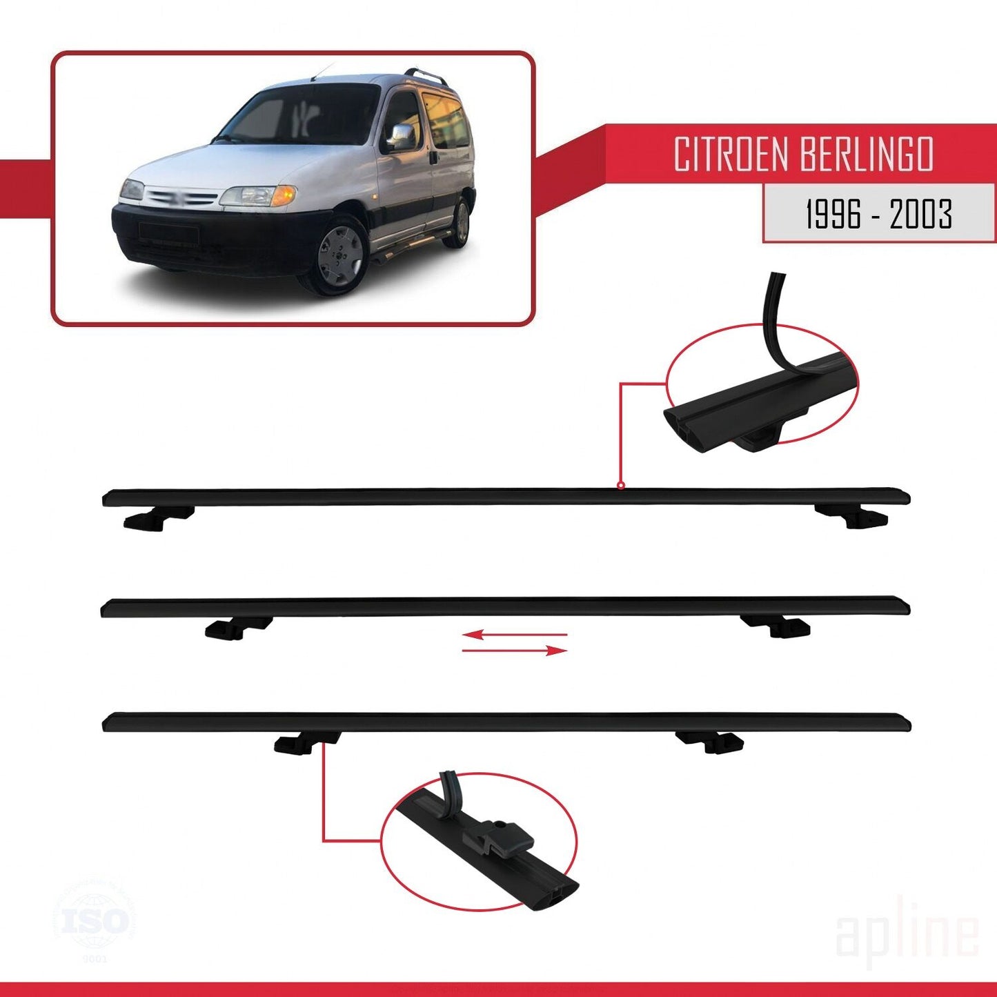 Compatible with Citroen Berlingo (M49) 1996-2003 BASIC Model Car Roof Rack Cross Bar Black Aluminium 3 Bars