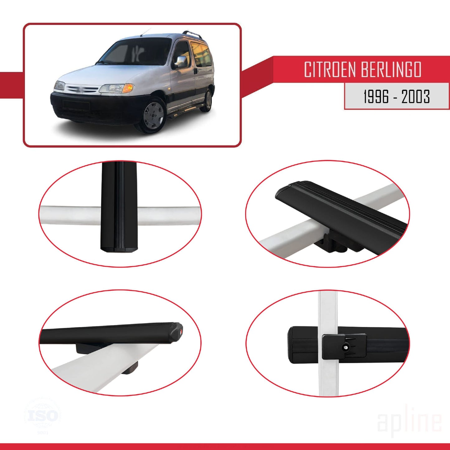 Compatible with Citroen Berlingo (M49) 1996-2003 BASIC Model Car Roof Rack Cross Bar Black Aluminium 4 Bars