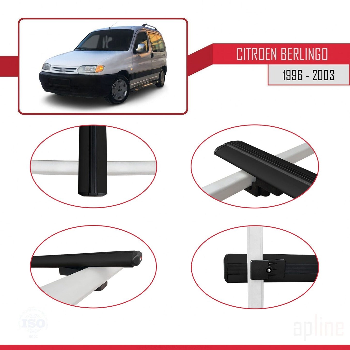 Compatible with Citroen Berlingo (M49) 1996-2003 BASIC Model Car Roof Rack Cross Bar Black Aluminium 2 Bars