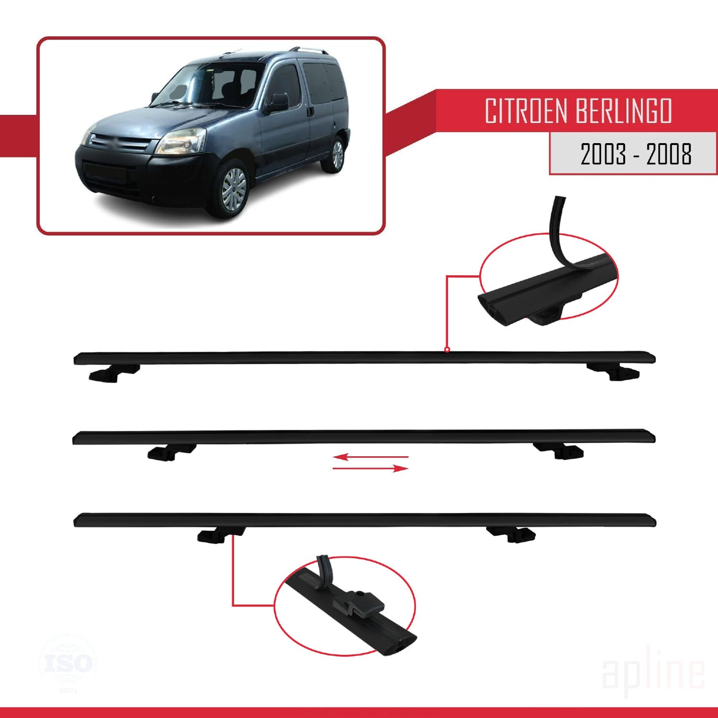 Compatible with Citroen Berlingo (M59) 2003-2008 BASIC Model Car Roof Rack Cross Bar Black Aluminium 4 Bars