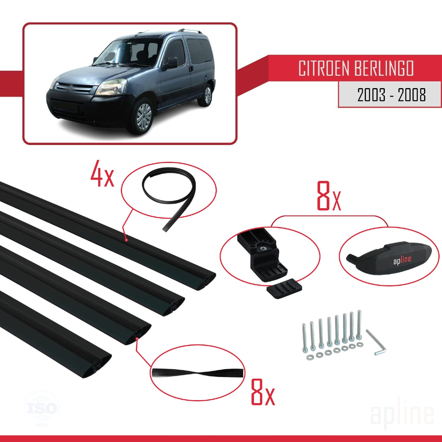 Compatible with Citroen Berlingo (M59) 2003-2008 BASIC Model Car Roof Rack Cross Bar Black Aluminium 4 Bars