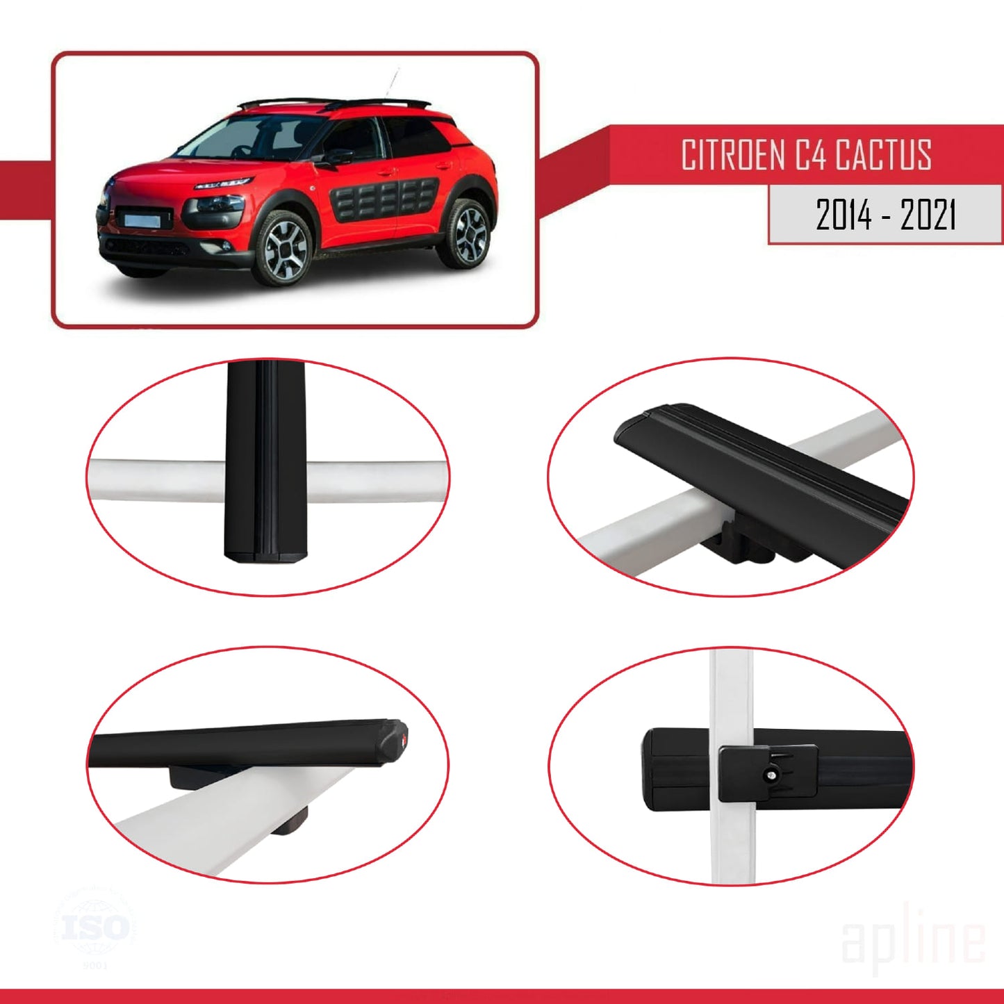 Compatible avec Citroen C4 Cactus 2014-2021 BASIC Model Barres de Toit Railing Porte-Bagages de Voiture Noir Aluminium 2 Barres