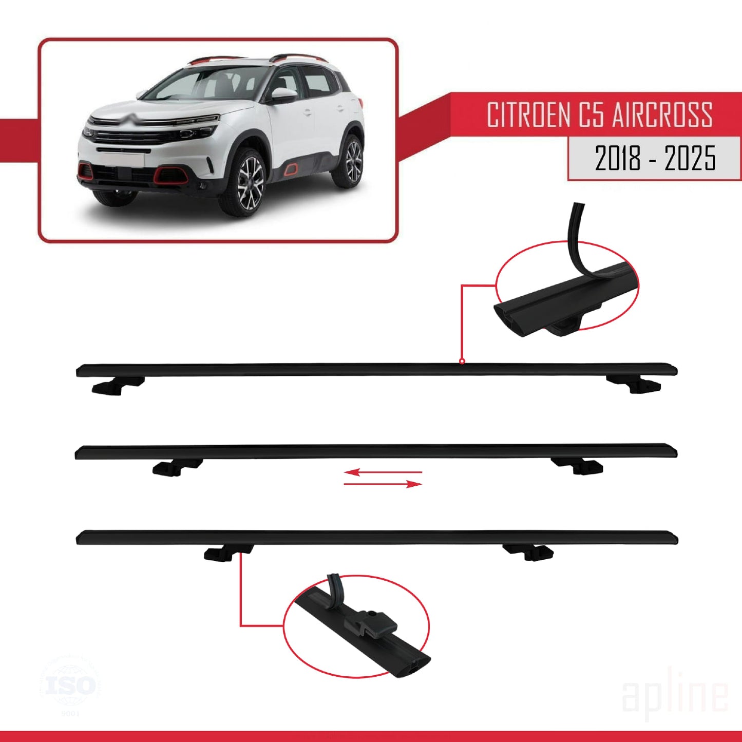 Compatible avec Citroen C5 Aircross 2018-2025 BASIC Model Barres de Toit Railing Porte-Bagages de Voiture Noir Aluminium 3 Barres