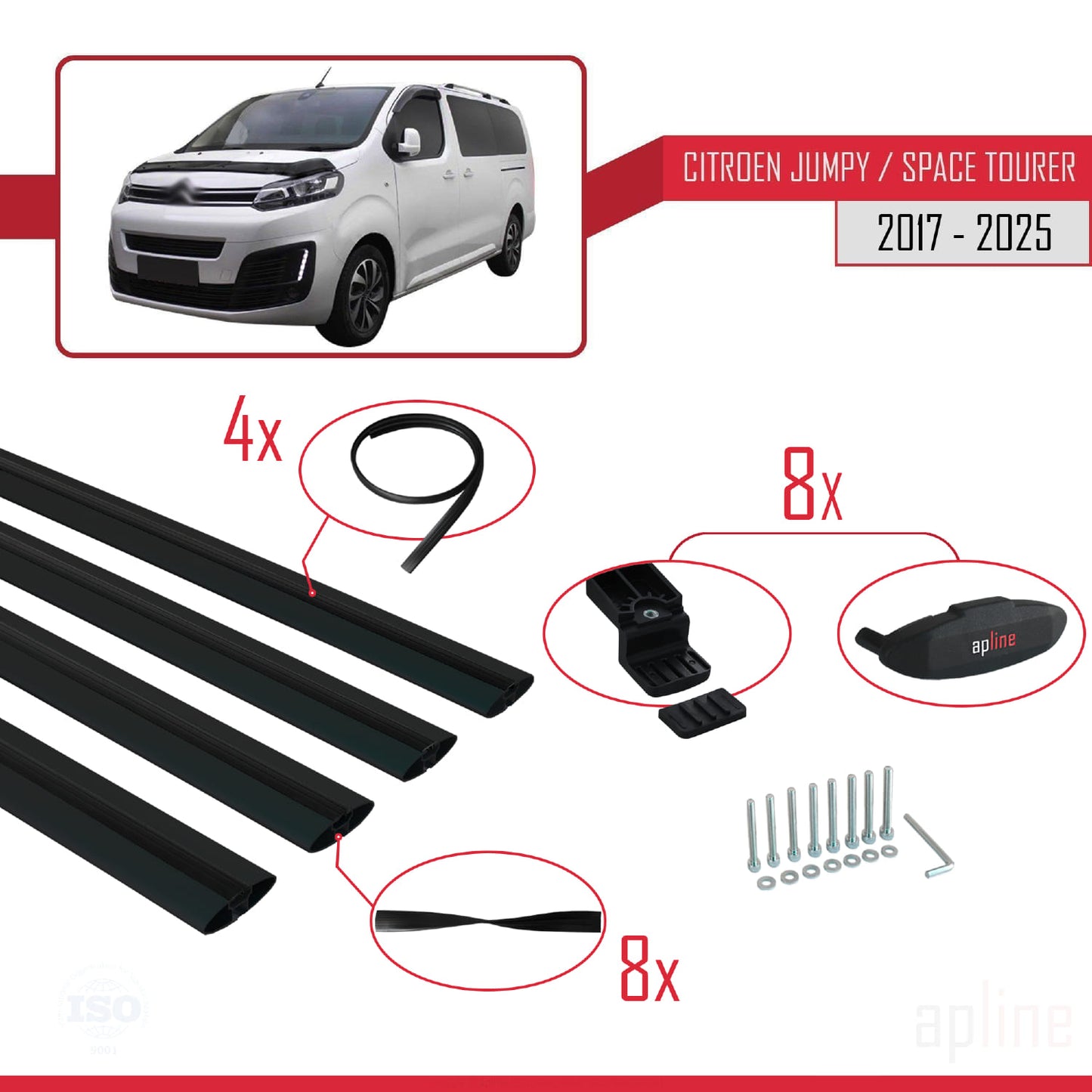 Compatible avec Citroen Jumpy 3 (K0) Space Tourer 2017-2025 BASIC Model Barres de Toit Railing Porte-Bagages de Voiture Noir Aluminium 4 Barres
