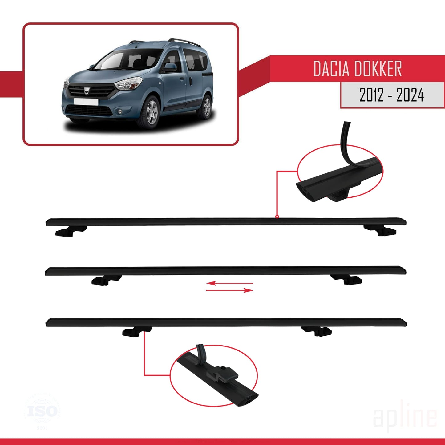 Compatible avec Dacia Dokker (K67) 2012-2024 BASIC Model Barres de Toit Railing Porte-Bagages de Voiture Noir Aluminium 3 Barres