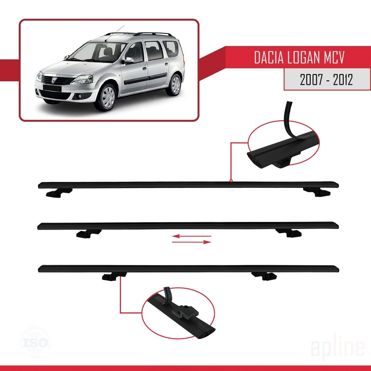 Compatible avec Dacia Logan 2 MCV (K52) 2007-2012 BASIC Model Barres de Toit Railing Porte-Bagages de Voiture Noir Aluminium 2 Barres