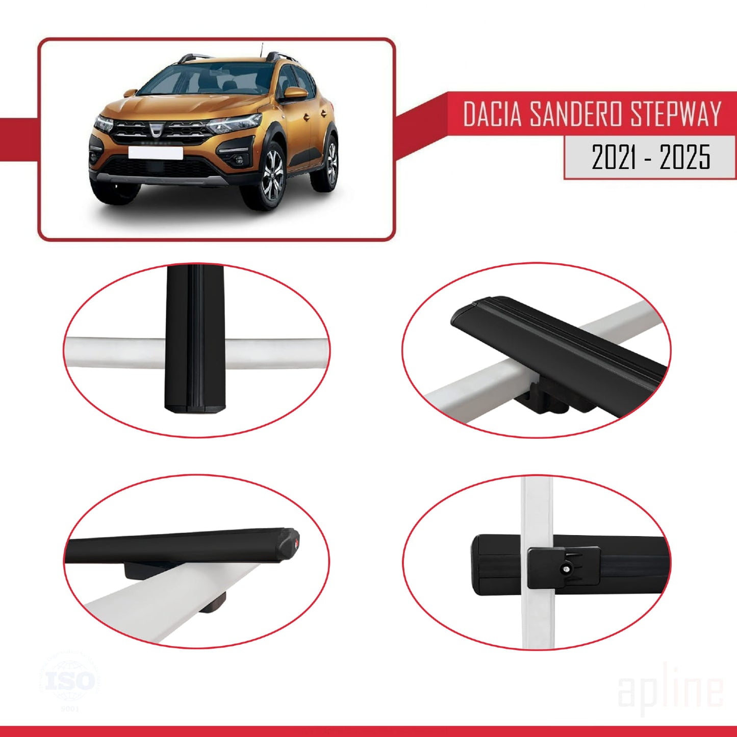 Compatible avec Dacia Sandero Stepway 3 2021-2025 BASIC Model Barres de Toit Railing Porte-Bagages de Voiture Noir Aluminium 2 Barres