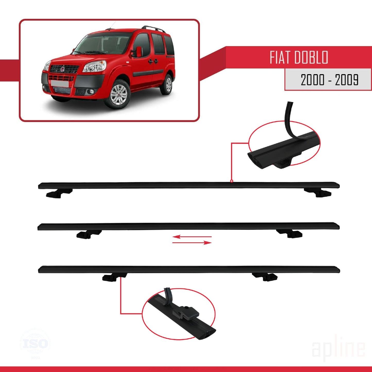 Compatible avec Fiat Doblo 2000-2009 BASIC Model Barres de Toit Railing Porte-Bagages de Voiture Noir Aluminium 4 Barres