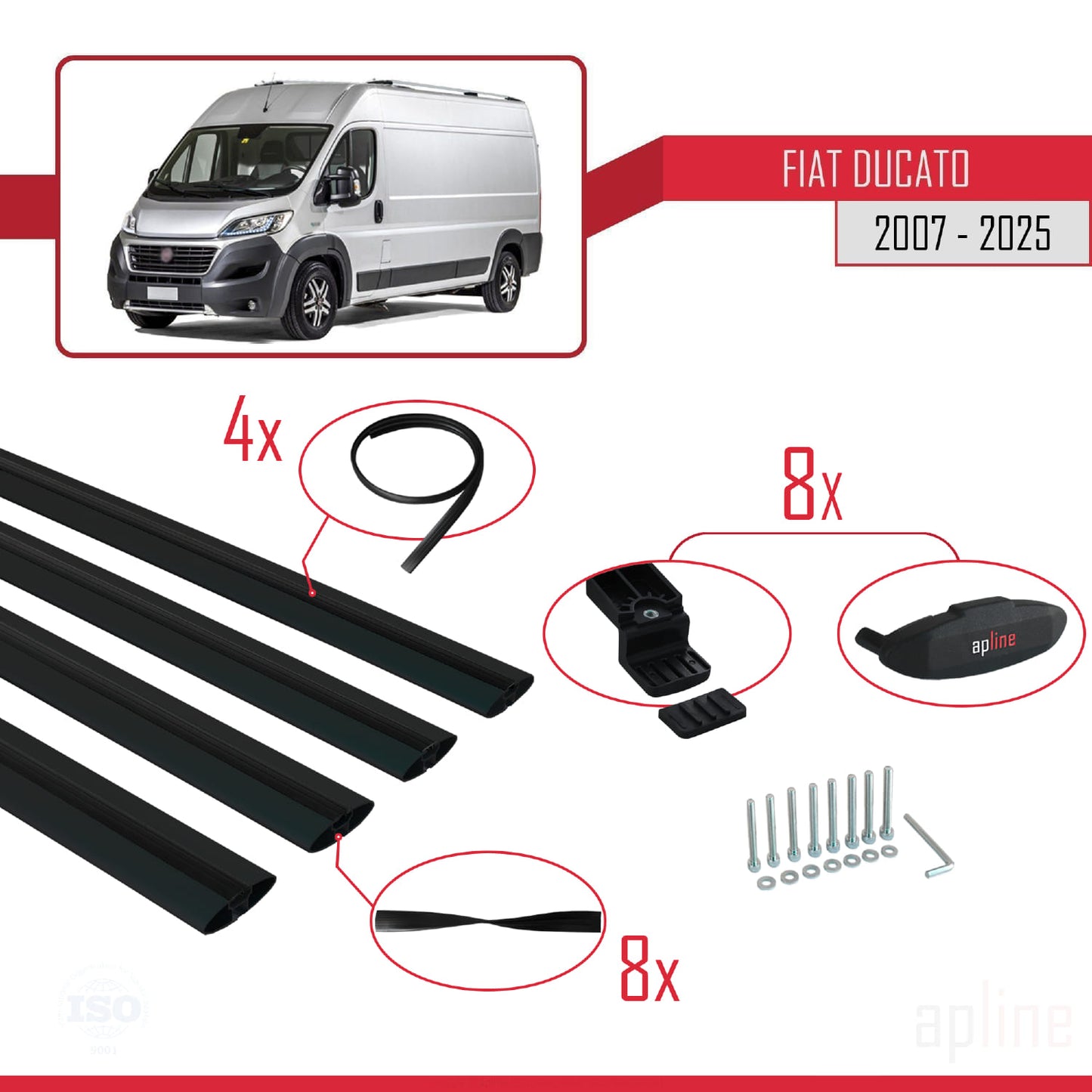 Compatible avec Fiat Ducato 3 2007-2025 BASIC Model Barres de Toit Railing Porte-Bagages de Voiture Noir Aluminium 4 Barres