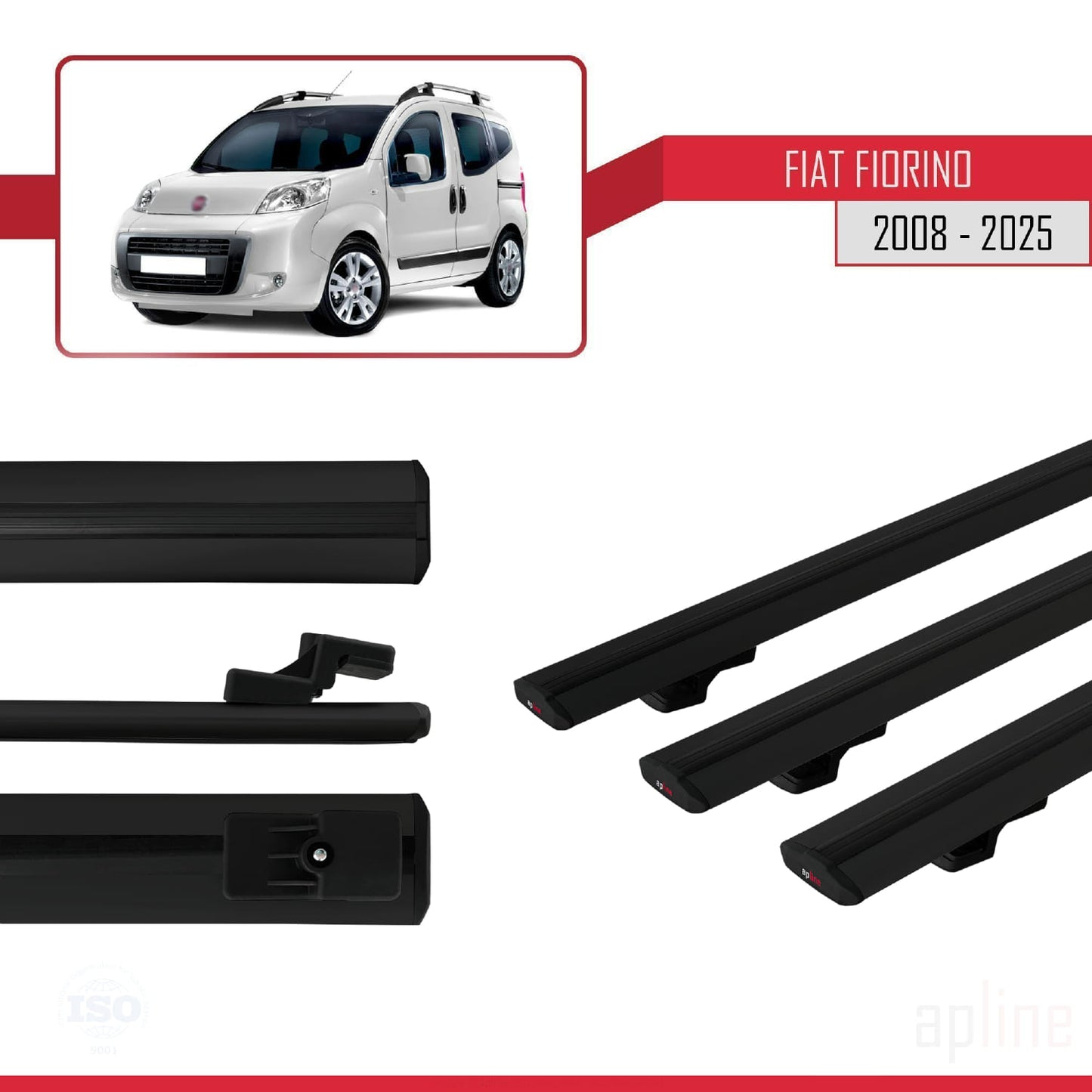 Compatible avec Fiat Fiorino 3 2008-2025 BASIC Model Barres de Toit Railing Porte-Bagages de Voiture Noir Aluminium 3 Barres