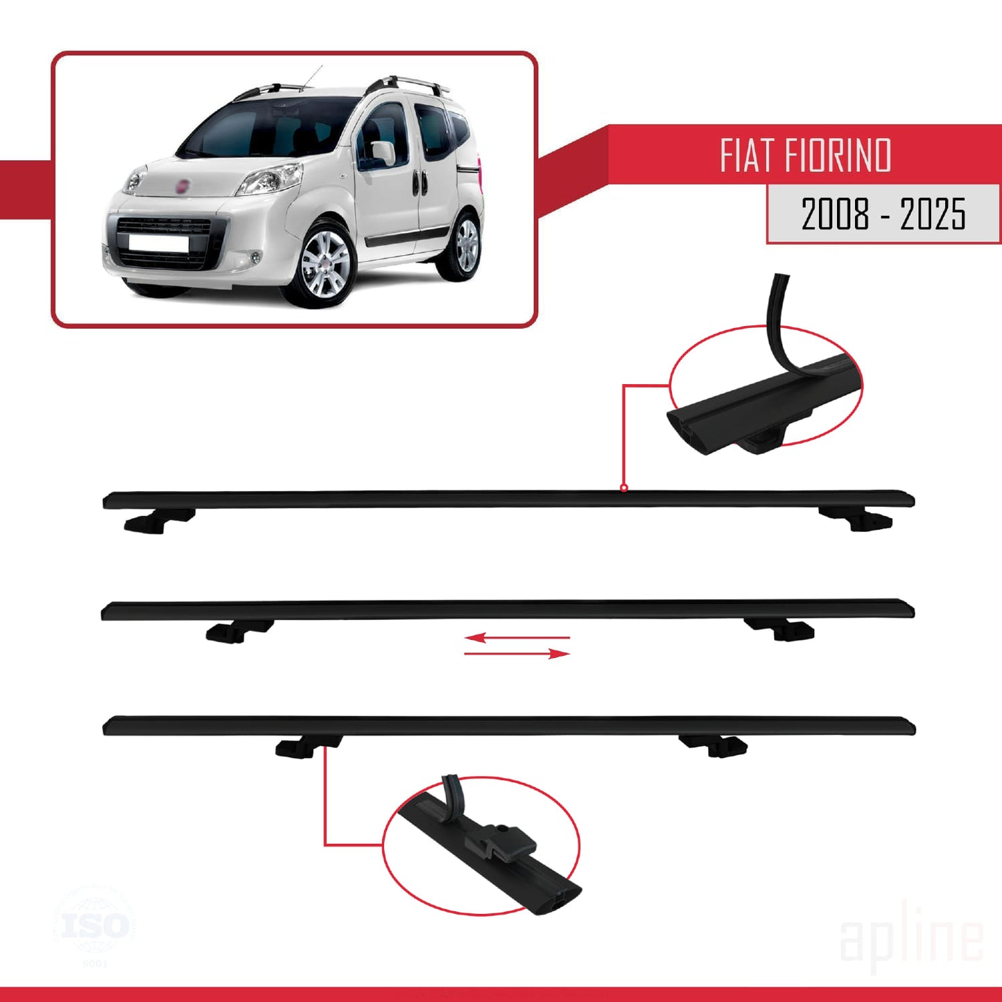 Compatible avec Fiat Fiorino 3 2008-2025 BASIC Model Barres de Toit Railing Porte-Bagages de Voiture Noir Aluminium 4 Barres