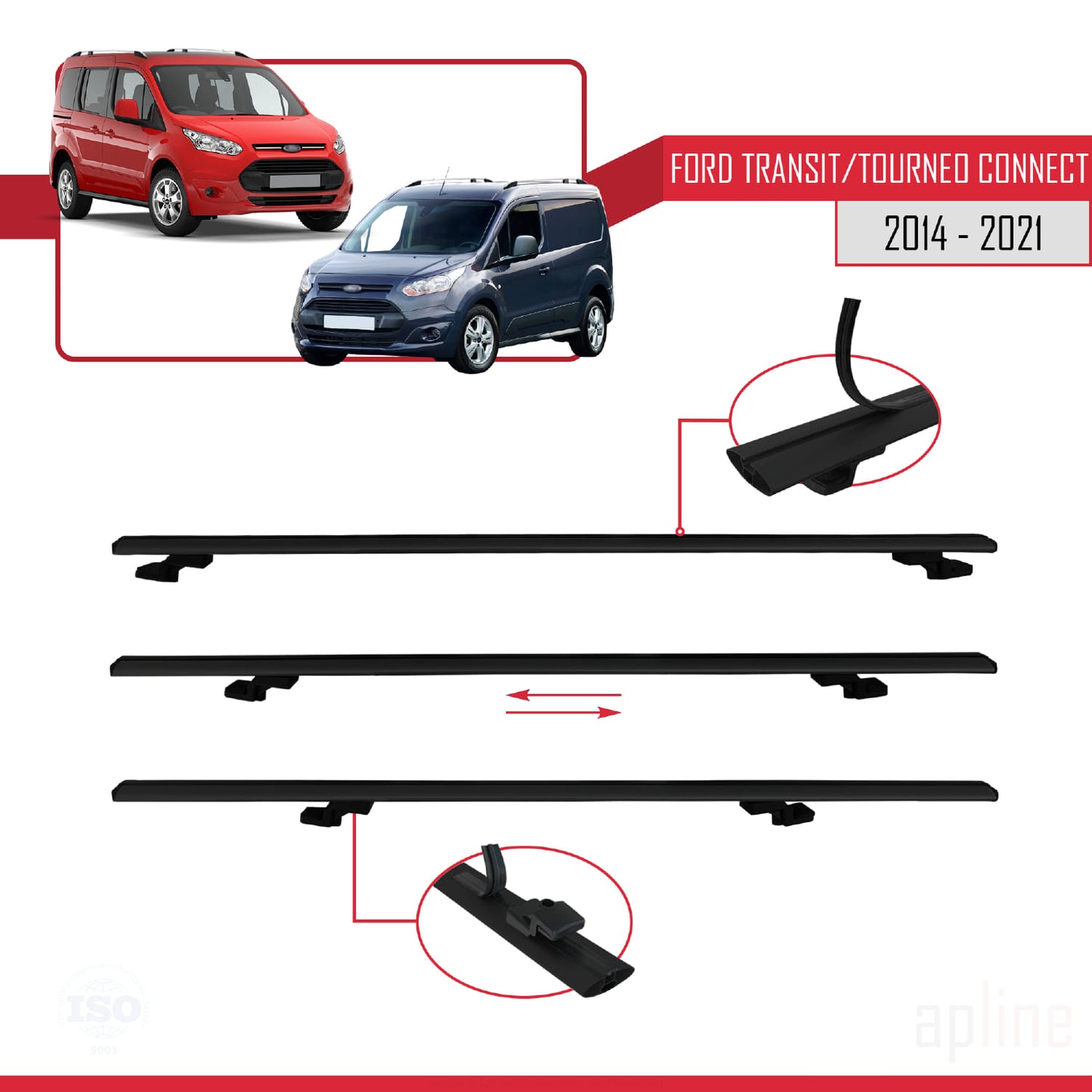 Compatible avec Ford Transit/Tourneo Connect 2 2014-2021 BASIC Model Barres de Toit Railing Porte-Bagages de Voiture Noir Aluminium 3 Barres