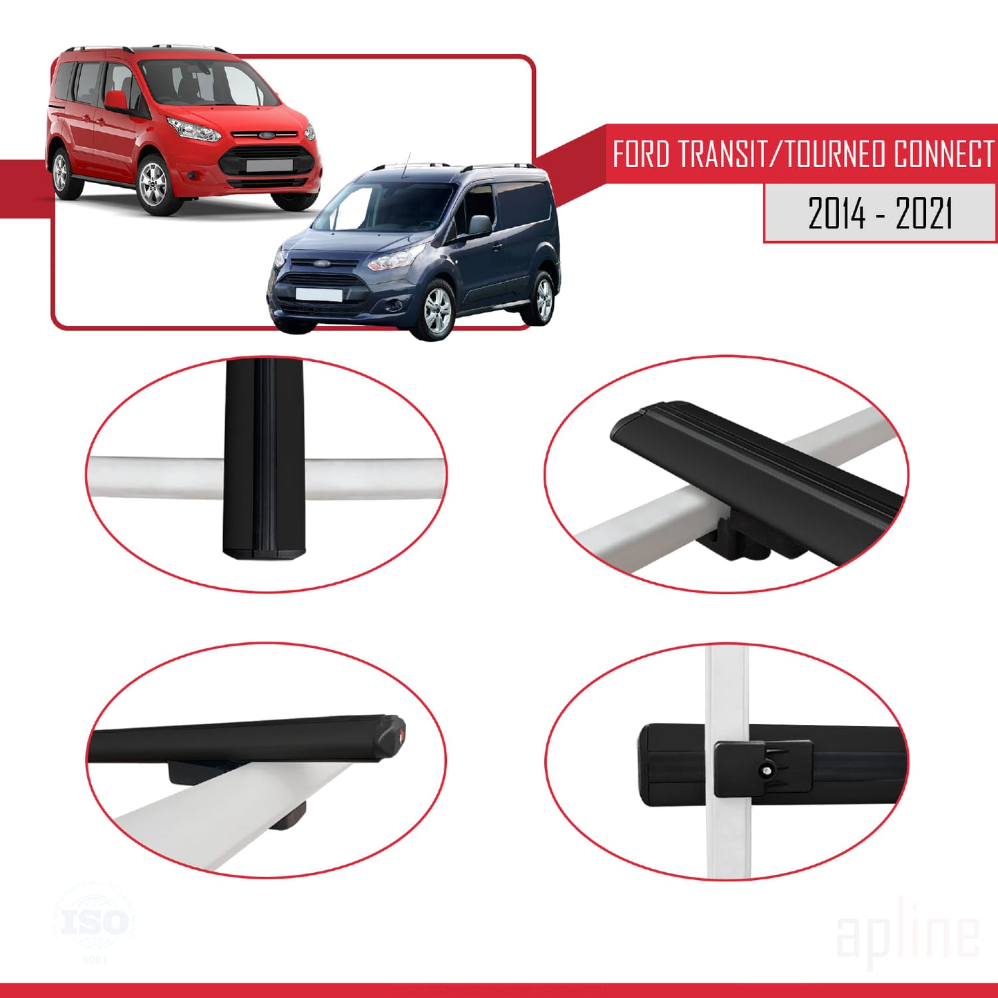 Compatible avec Ford Transit/Tourneo Connect 2 2014-2021 BASIC Model Barres de Toit Railing Porte-Bagages de Voiture Noir Aluminium 4 Barres