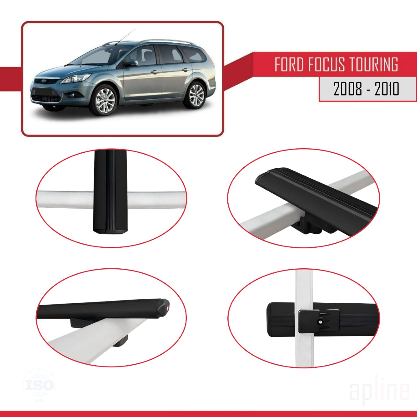 Compatible avec Ford Focus 2 (C307) Turnier 2008-2010 BASIC Model Barres de Toit Railing Porte-Bagages de Voiture Noir Aluminium 3 Barres