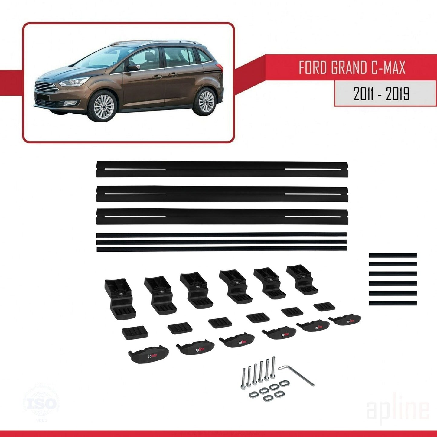 Compatible avec Ford Grand C-Max (C344) 2011-2019 BASIC Model Barres de Toit Railing Porte-Bagages de Voiture Noir Aluminium 3 Barres