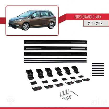 Compatible avec Ford Grand C-Max (C344) 2011-2019 BASIC Model Barres de Toit Railing Porte-Bagages de Voiture Noir Aluminium 3 Barres