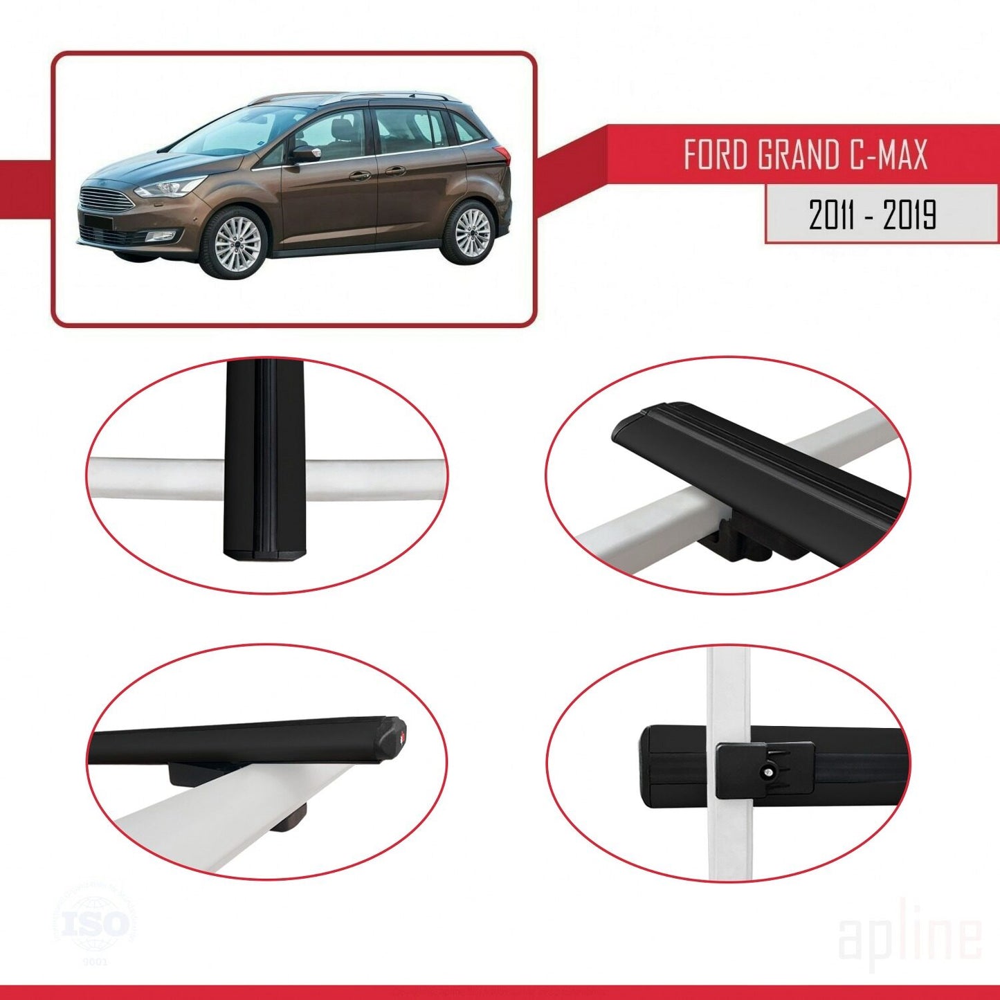 Compatible avec Ford Grand C-Max (C344) 2011-2019 BASIC Model Barres de Toit Railing Porte-Bagages de Voiture Noir Aluminium 3 Barres