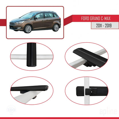 Compatible avec Ford Grand C-Max (C344) 2011-2019 BASIC Model Barres de Toit Railing Porte-Bagages de Voiture Noir Aluminium 3 Barres