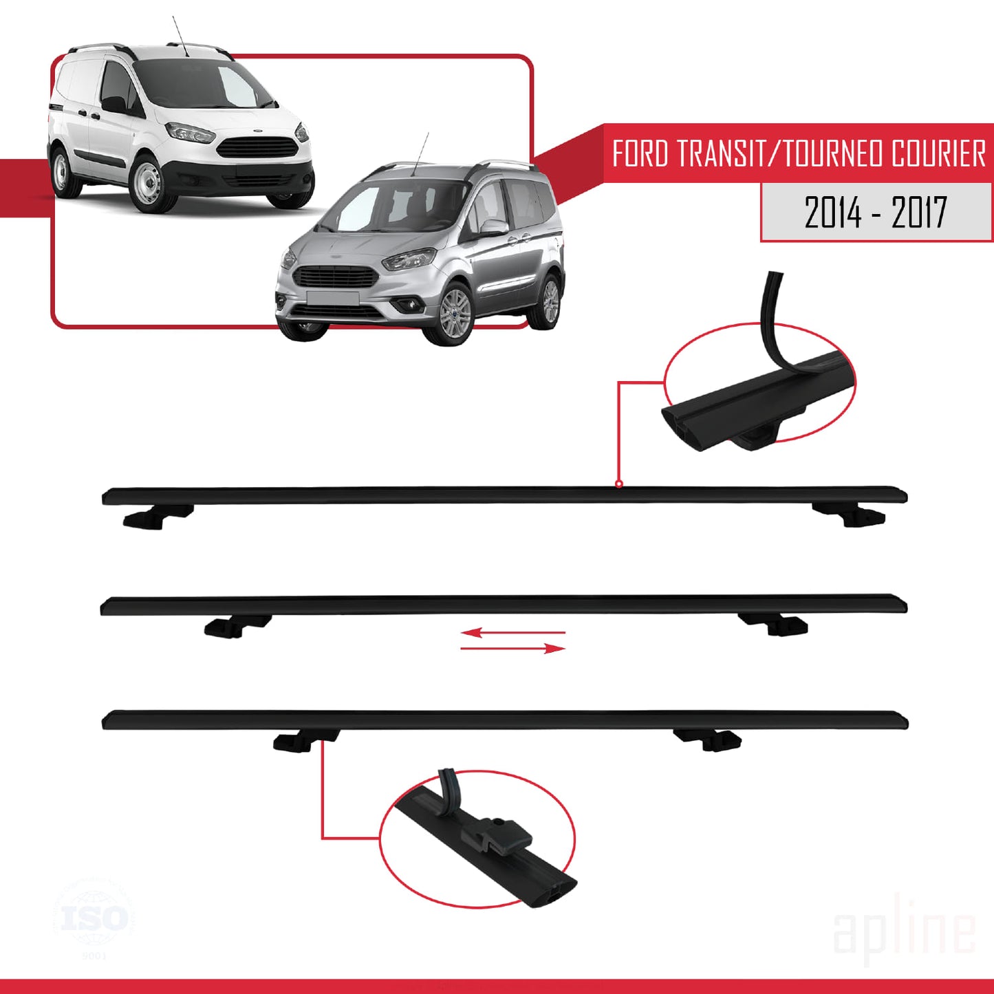 Compatible with Ford Transit/Tourneo Courier Pre-Facelift 2014-2017 BASIC Model Car Roof Rack Cross Bar Black Aluminium 4 Bars