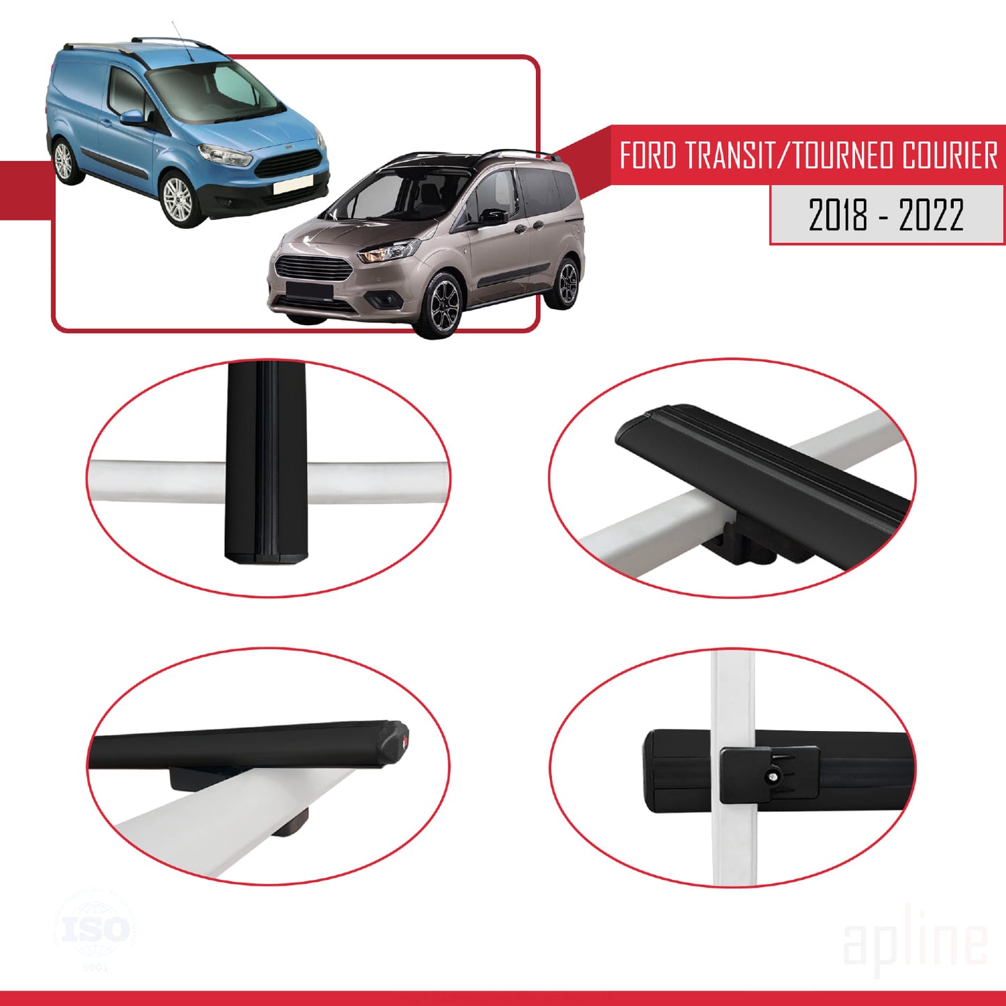 Compatible avec Ford Transit/Tourneo Courier Post-Facelift 2018-2022 BASIC Model Barres de Toit Railing Porte-Bagages de Voiture Noir Aluminium 3 Barres