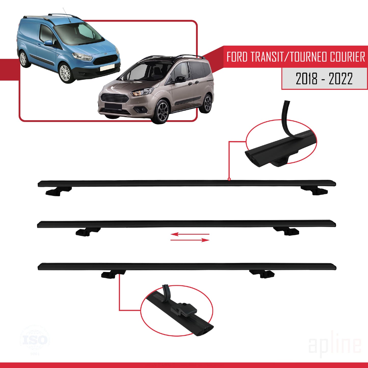 Compatible with Ford Transit/Tourneo Courier Post-Facelift 2018-2022 BASIC Model Car Roof Rack Cross Bar Black Aluminium 2 Bars