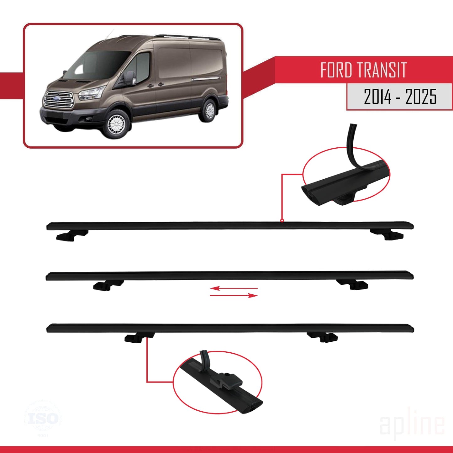 Compatible avec Ford Transit 2014-2025 BASIC Model Barres de Toit Railing Porte-Bagages de Voiture Noir Aluminium 4 Barres