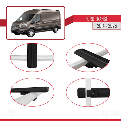 Compatible avec Ford Transit 2014-2025 BASIC Model Barres de Toit Railing Porte-Bagages de Voiture Noir Aluminium 2 Barres
