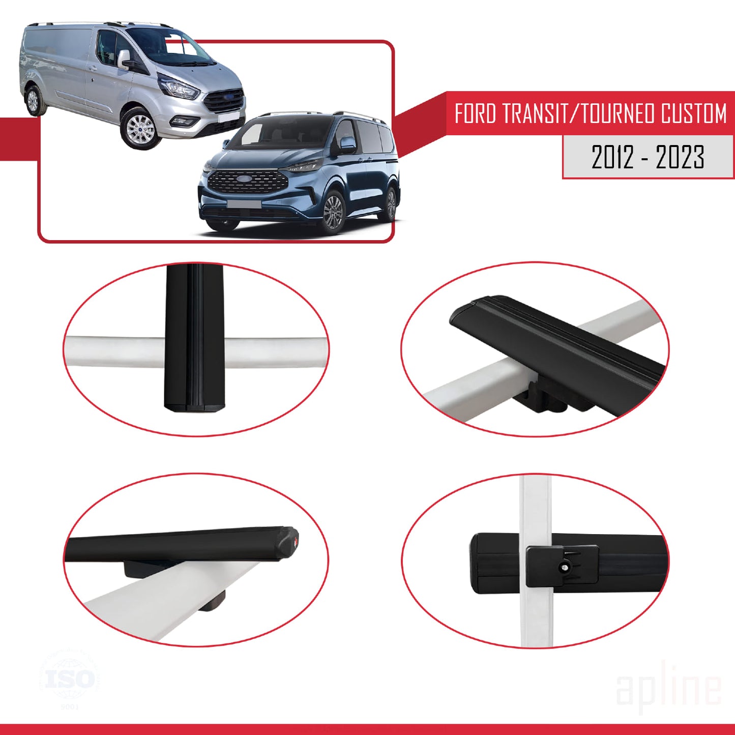 Compatible with Ford Transit/Tourneo Custom 2012-2023 BASIC Model Car Roof Rack Cross Bar Black Aluminium 2 Bars