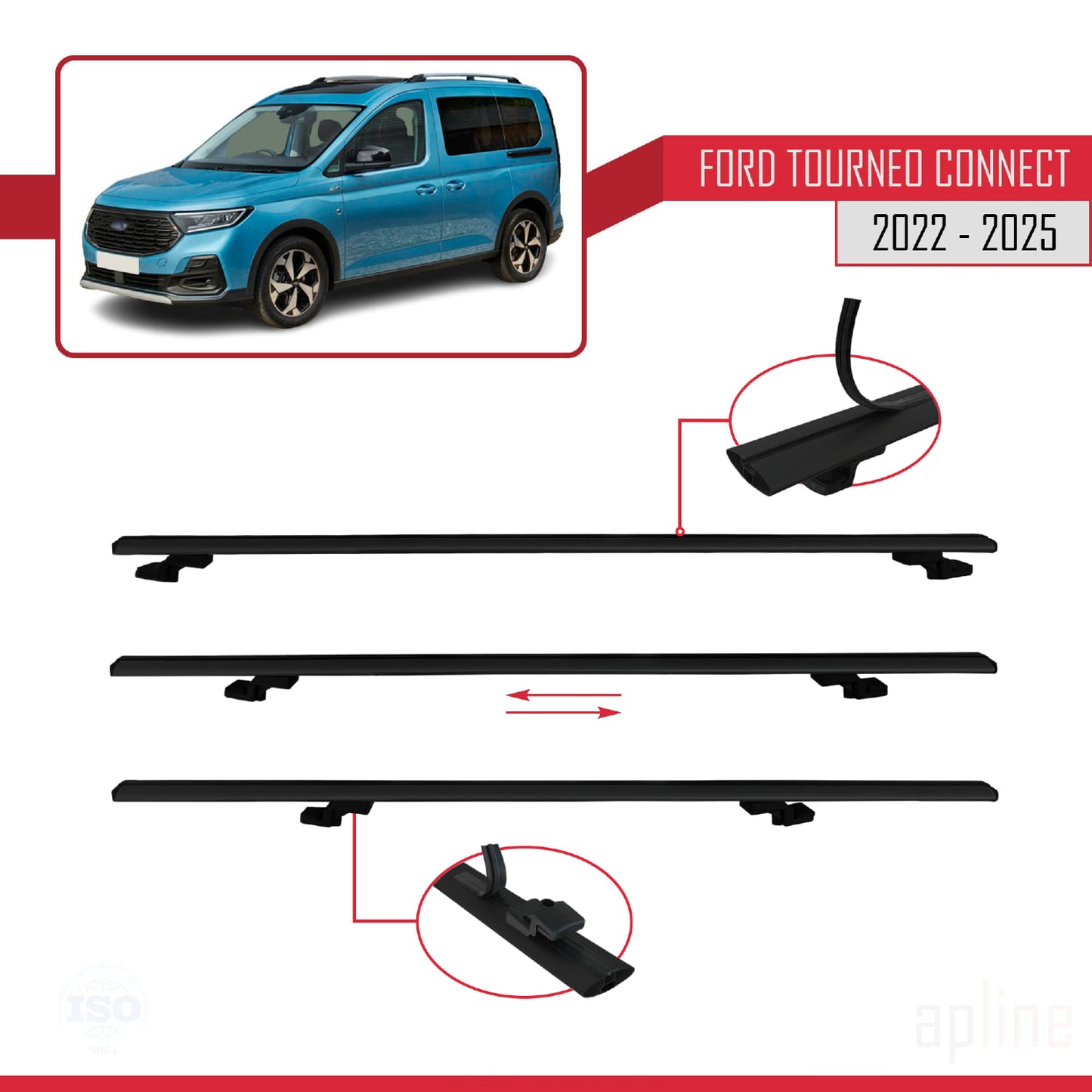 Compatible avec Ford Transit/Tourneo Connect 3 2022-2025 BASIC Model Barres de Toit Railing Porte-Bagages de Voiture Noir Aluminium 2 Barres