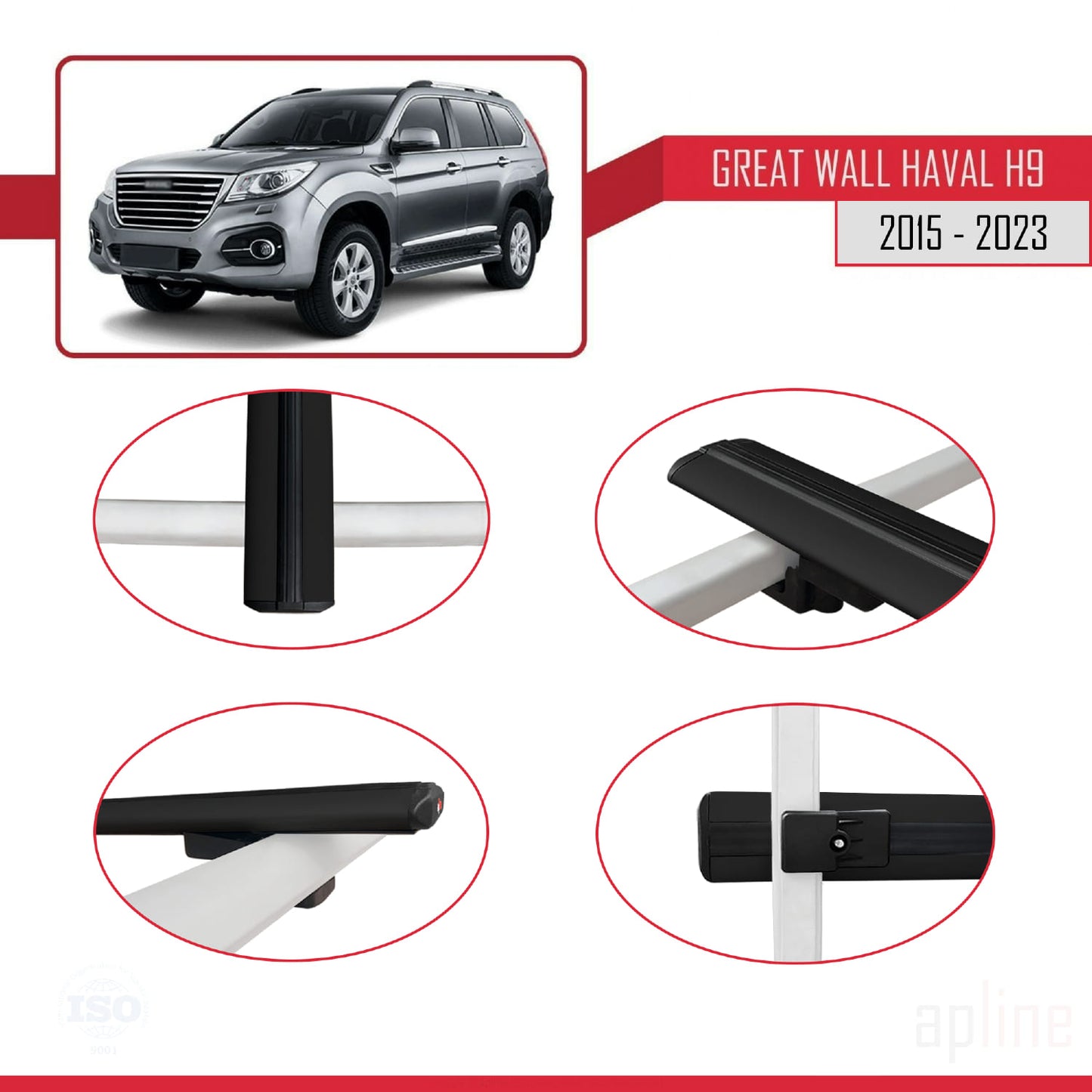 Compatible with Great Wall Haval H9 2015-2023 BASIC Model Car Roof Rack Cross Bar Black Aluminium 3 Bars