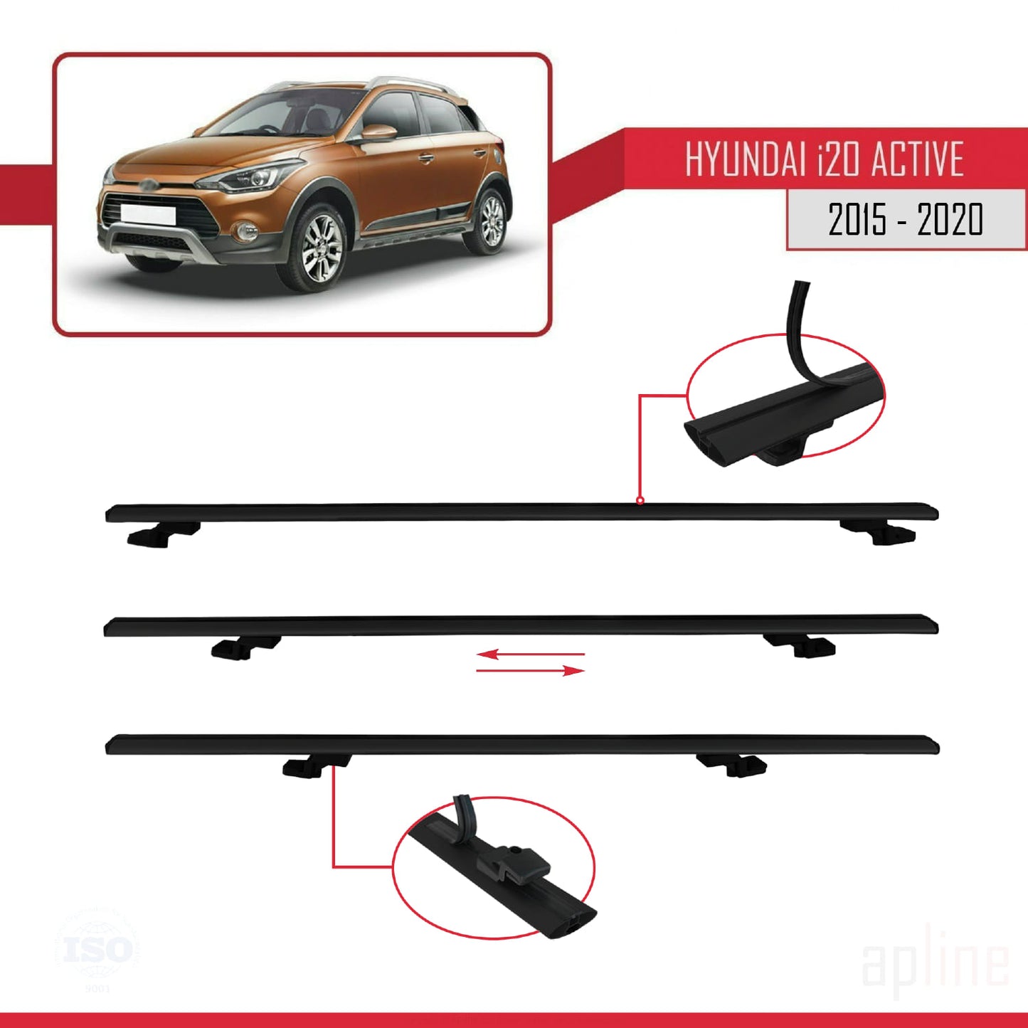 Compatible avec Hyundai i20 II Active 2015-2019 BASIC Model Barres de Toit Railing Porte-Bagages de Voiture Noir Aluminium 2 Barres
