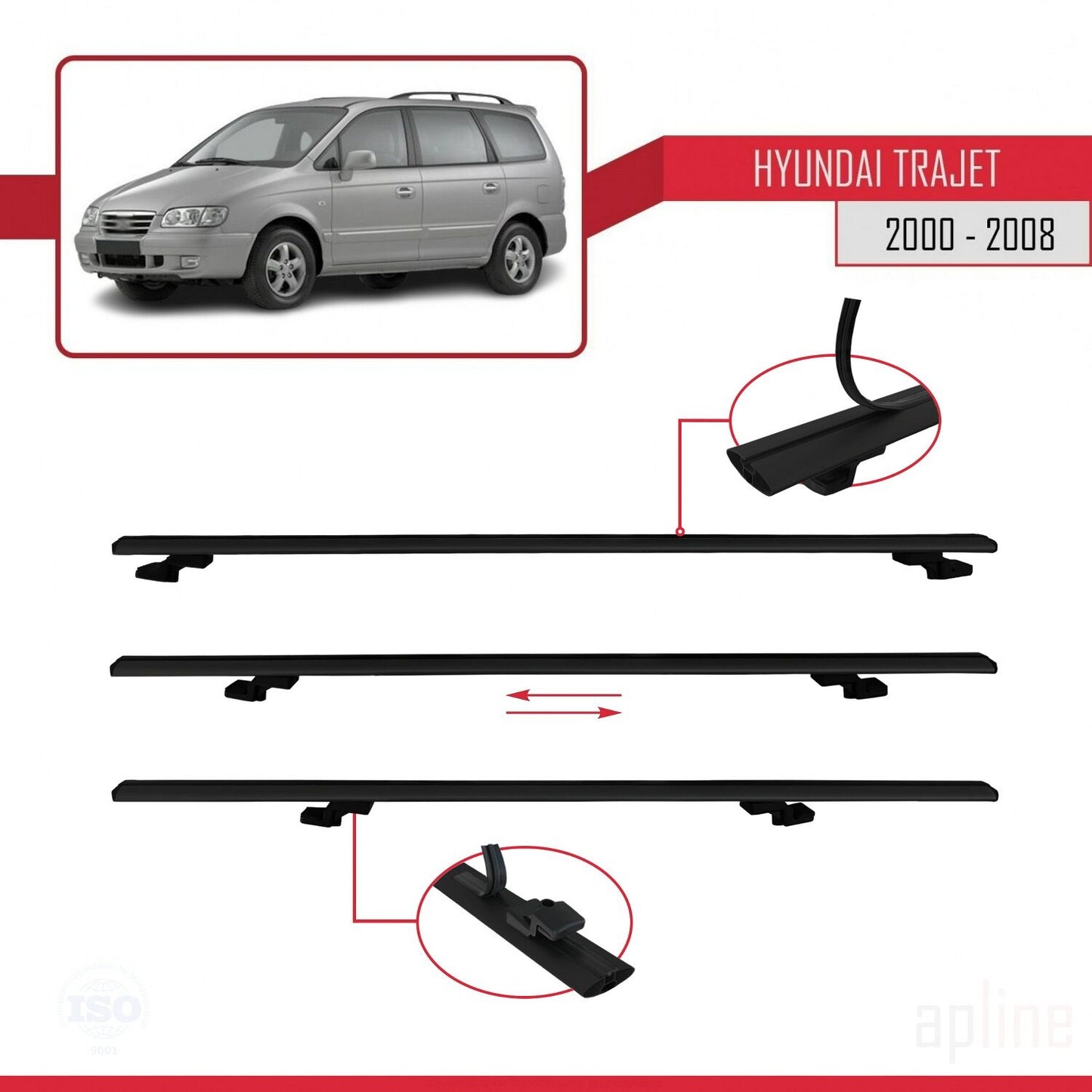 Compatible avec Hyundai Trajet 2000-2008 BASIC Model Barres de Toit Railing Porte-Bagages de Voiture Noir Aluminium 3 Barres