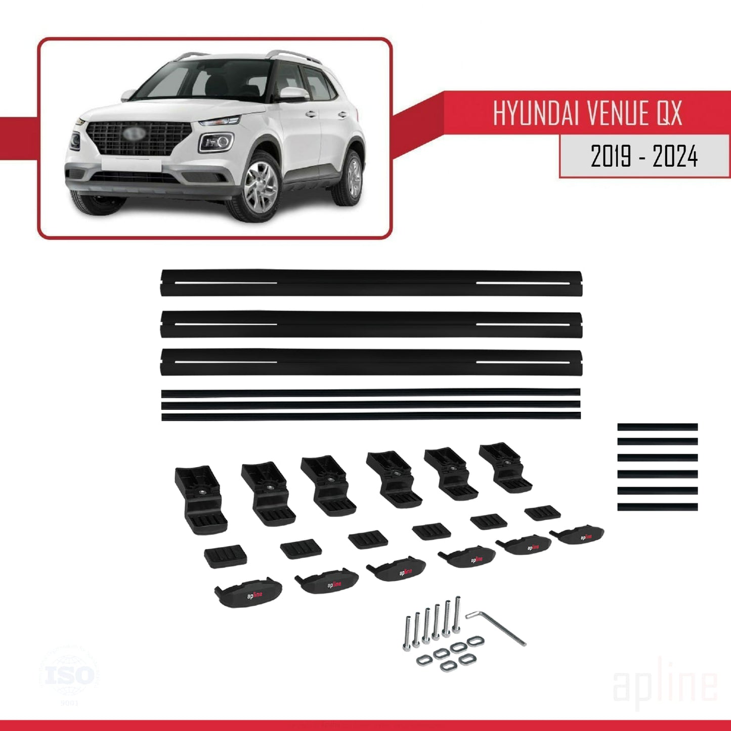 Compatible avec Hyundai Venue (QX) 2019-2024 BASIC Model Barres de Toit Railing Porte-Bagages de Voiture Noir Aluminium 3 Barres