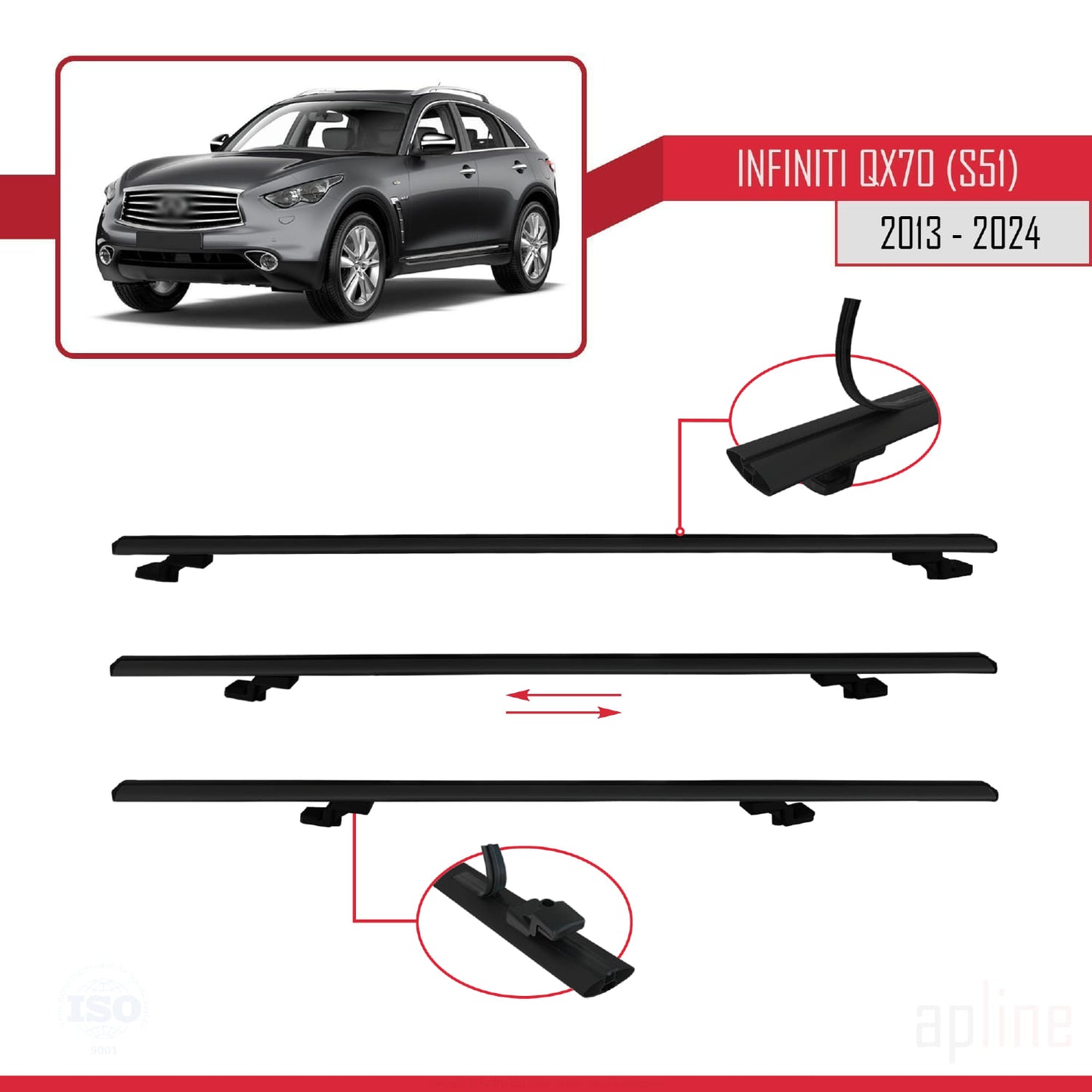 Compatible avec Infiniti QX70 (S51) 2013-2017 BASIC Model Barres de Toit Railing Porte-Bagages de Voiture Noir Aluminium 3 Barres