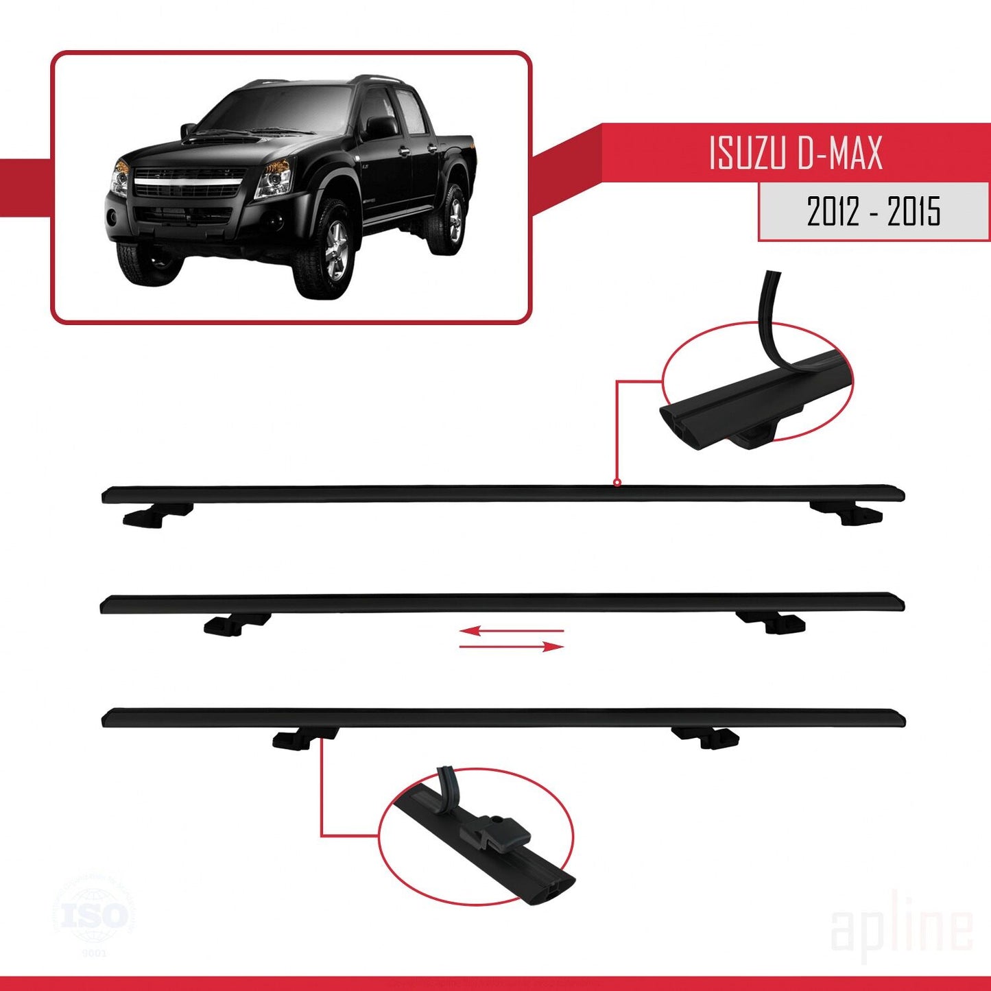 Compatible avec Isuzu D-Max 2 (RT50) Pre-Facelift 2012-2015 BASIC Model Barres de Toit Railing Porte-Bagages de Voiture Noir Aluminium 3 Barres