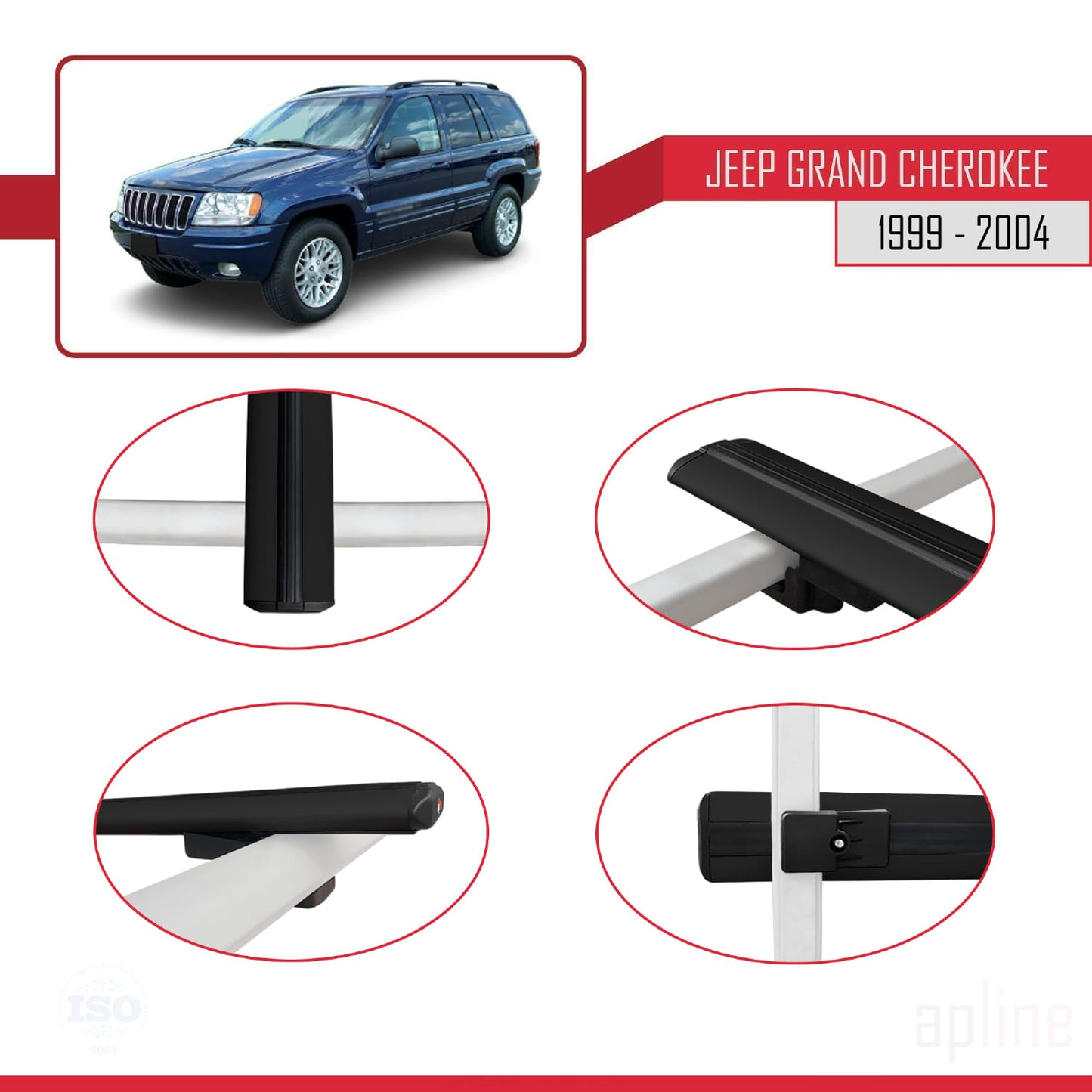 Compatible avec Jeep Grand Cherokee 2 (WJ) 1999-2004 BASIC Model Barres de Toit Railing Porte-Bagages de Voiture Noir Aluminium 2 Barres
