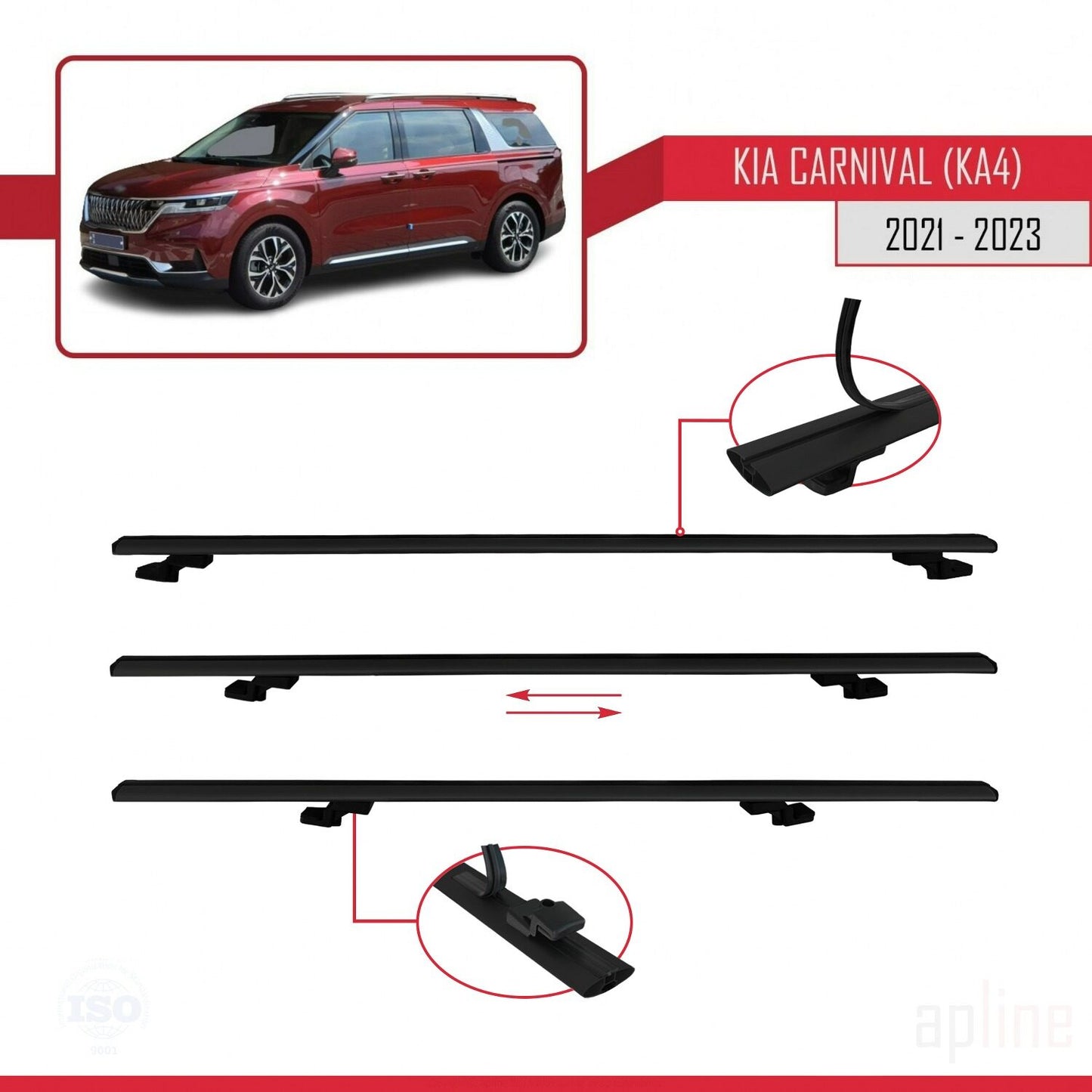 Compatible avec Kia Carnival 4 (KA4) 2021-2023 BASIC Model Barres de Toit Railing Porte-Bagages de Voiture Noir Aluminium 2 Barres
