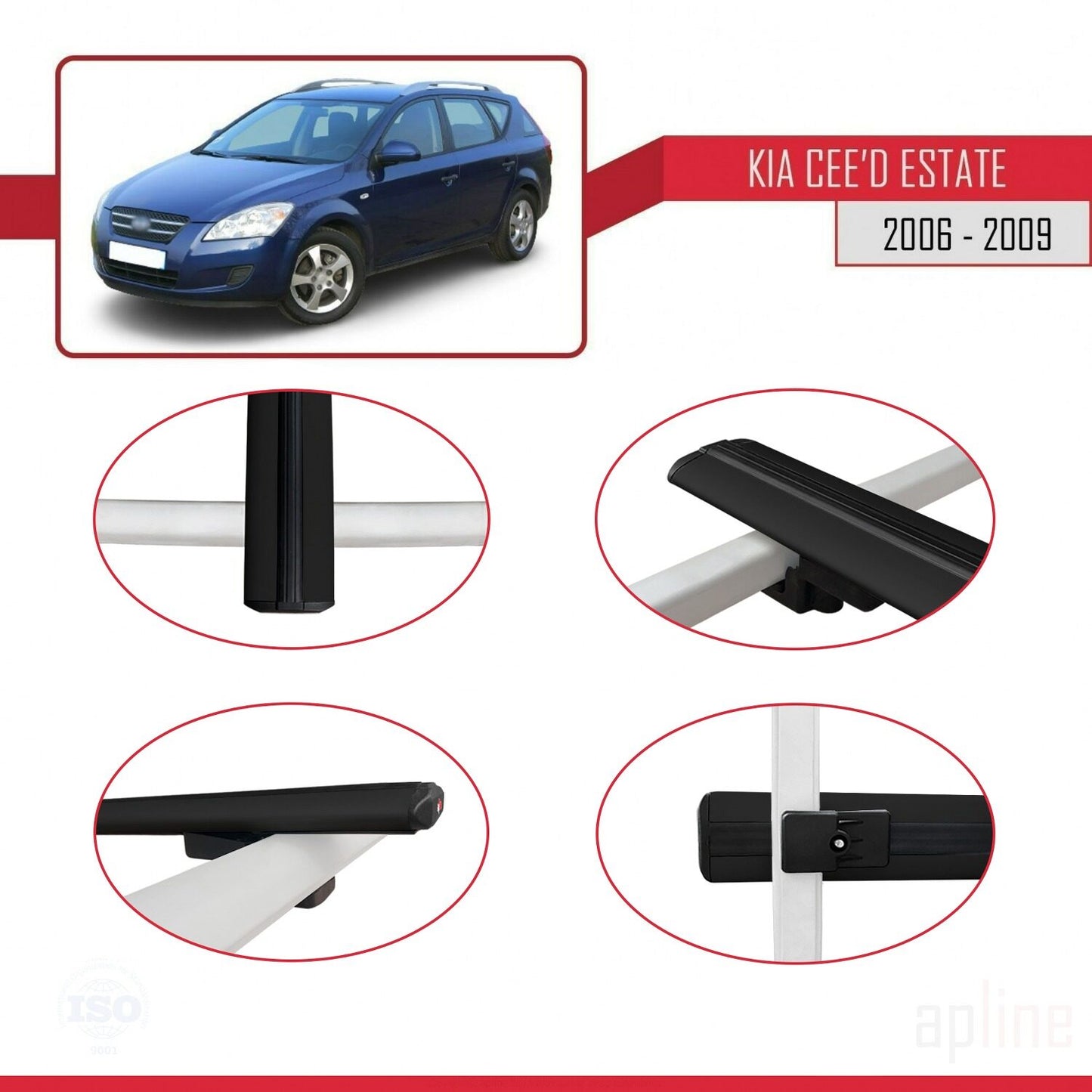 Compatible with Kia Ceed (ED) SW Pre-Facelift 2006-2009 BASIC Model Car Roof Rack Cross Bar Black Aluminium 2 Bars
