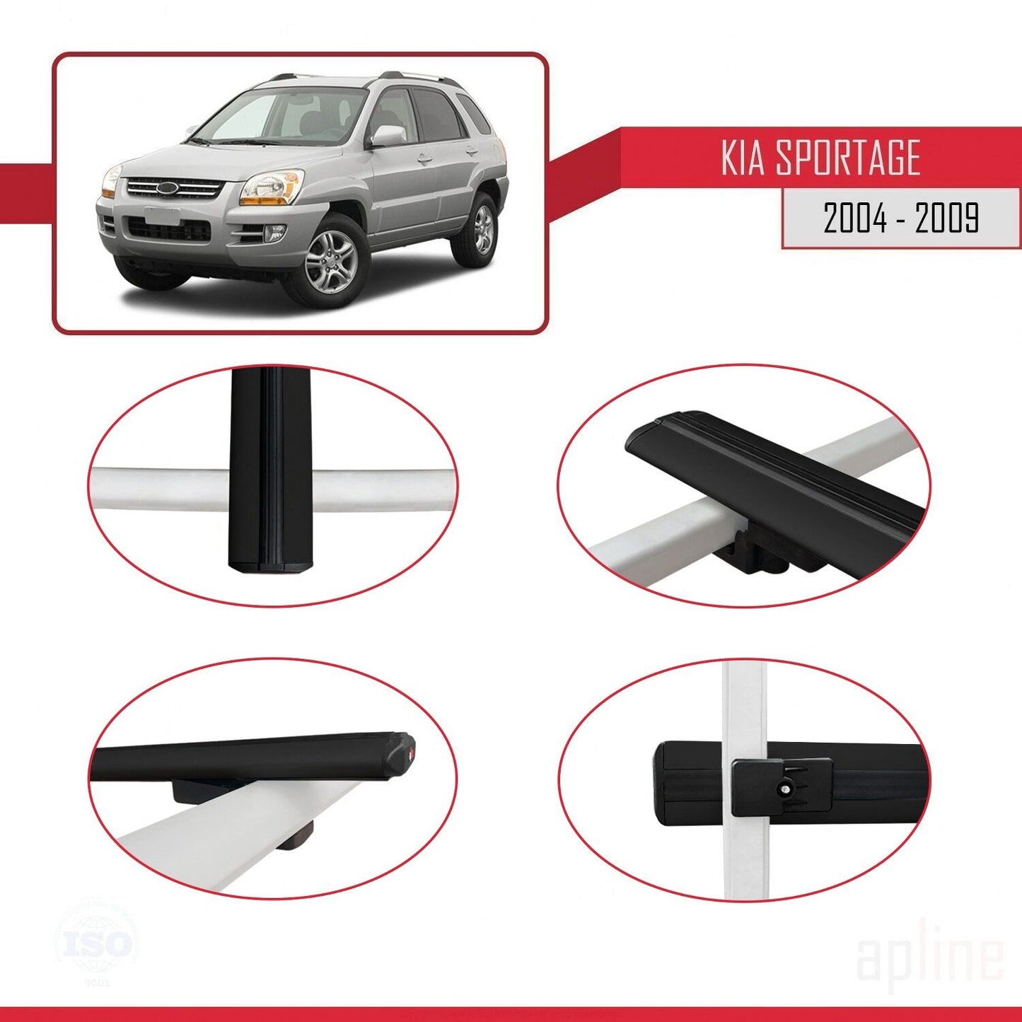 Compatible avec Kia Sportage 2 (JE) 2004-2009 BASIC Model Barres de Toit Railing Porte-Bagages de Voiture Noir Aluminium 2 Barres