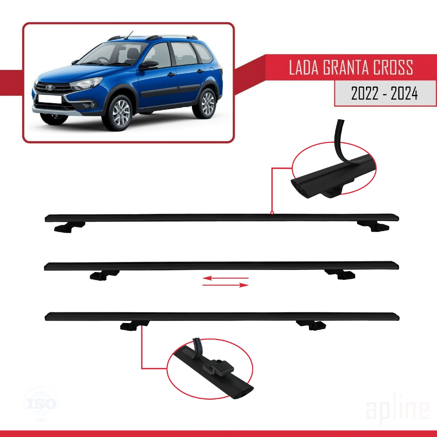 Compatible avec Lada Granta Cross 2022-2024 BASIC Model Barres de Toit Railing Porte-Bagages de Voiture Noir Aluminium 3 Barres