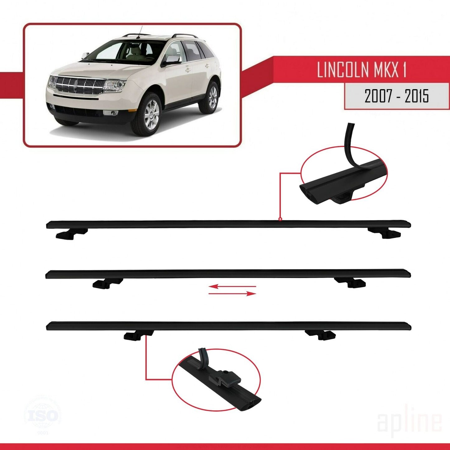 Compatible avec Lincoln MKX (U388) 2007-2015 BASIC Model Barres de Toit Railing Porte-Bagages de Voiture Noir Aluminium 2 Barres