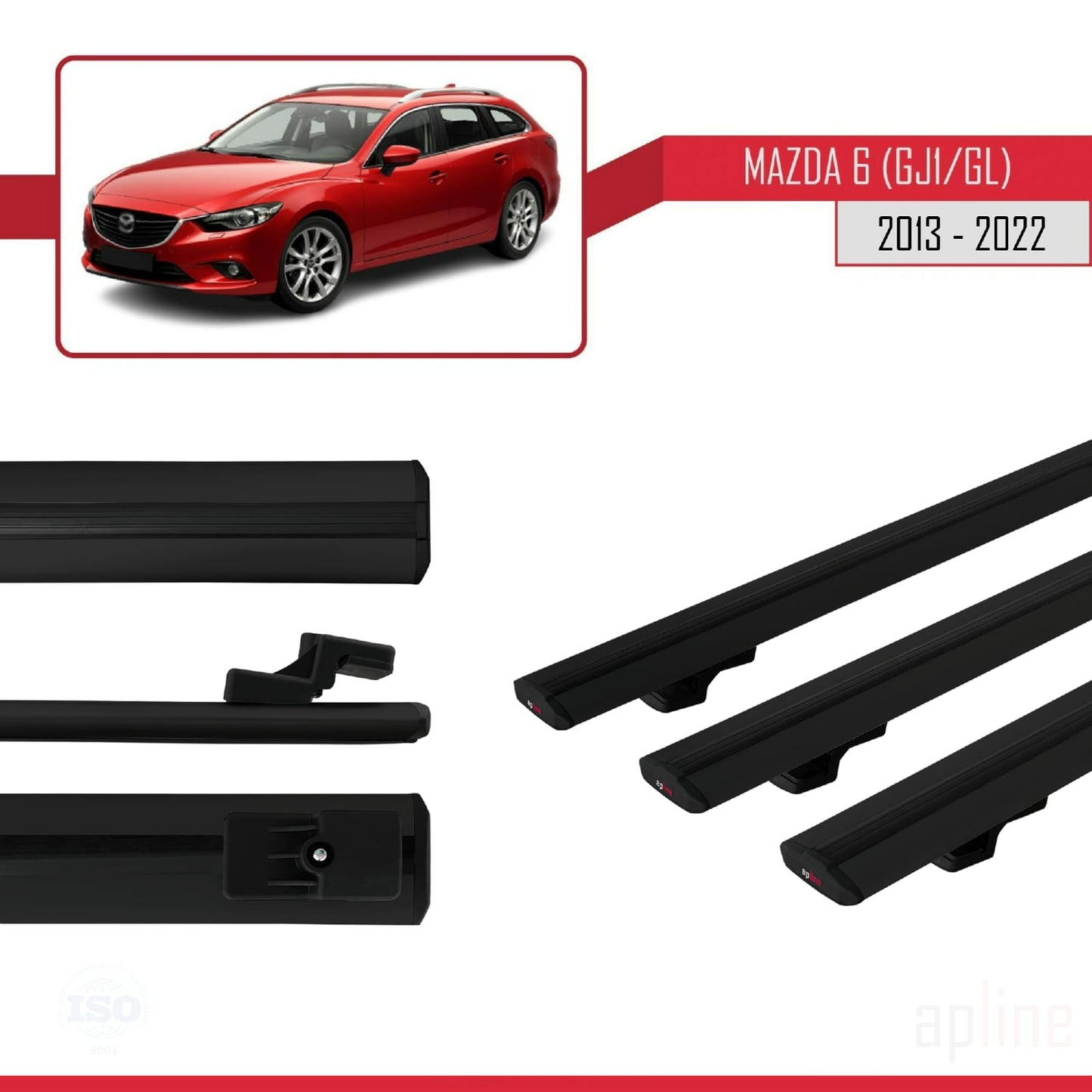 Compatible avec Mazda 6 III (GJ1/GL) 2013-2022 BASIC Model Barres de Toit Railing Porte-Bagages de Voiture Noir Aluminium 3 Barres