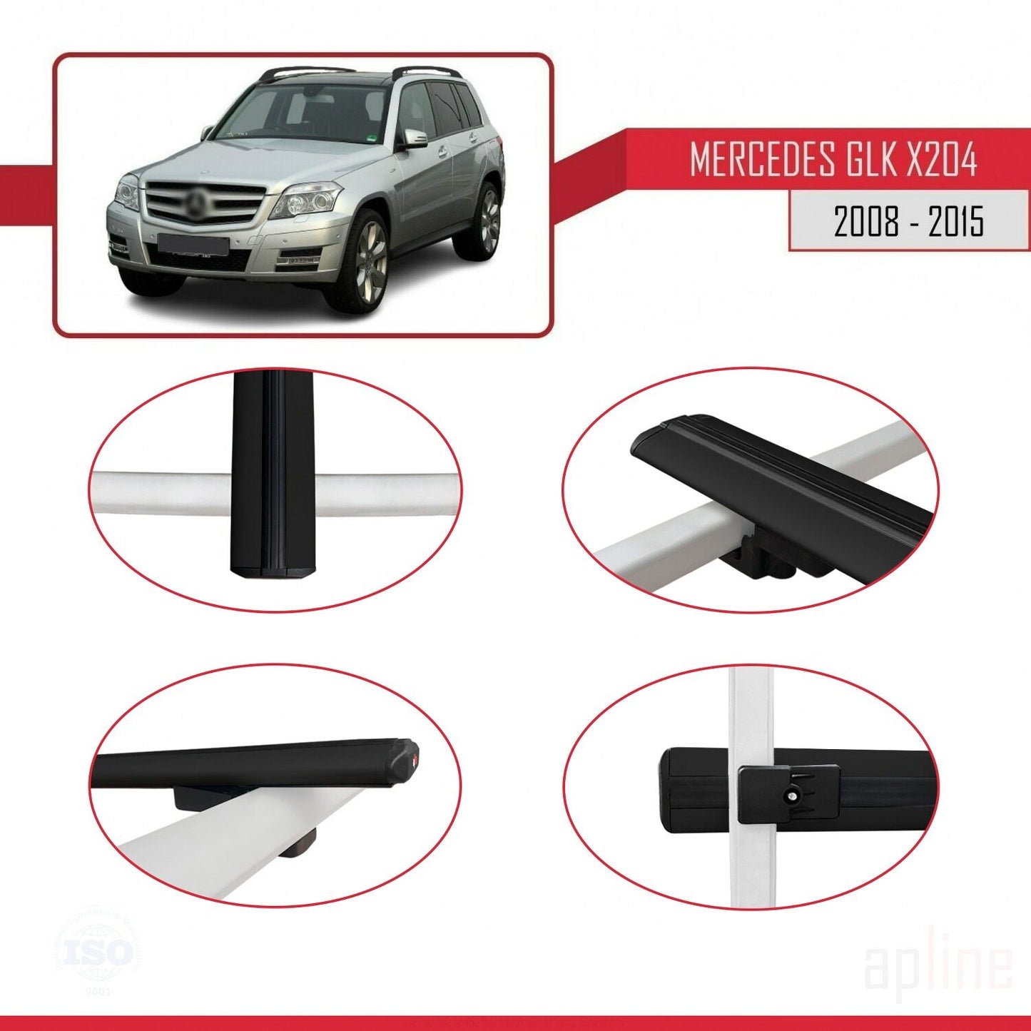 Compatible with Mercedes GLK Class (X204) 2008-2015 BASIC Model Car Roof Rack Cross Bar Black Aluminium 2 Bars