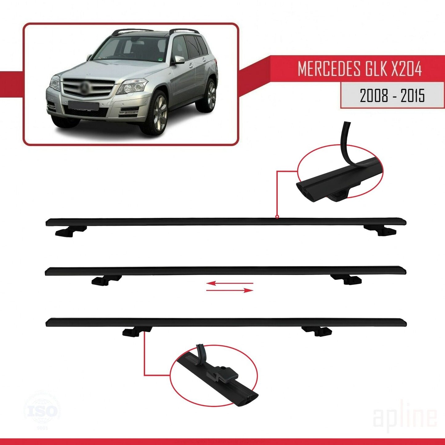 Compatible with Mercedes GLK Class (X204) 2008-2015 BASIC Model Car Roof Rack Cross Bar Black Aluminium 2 Bars