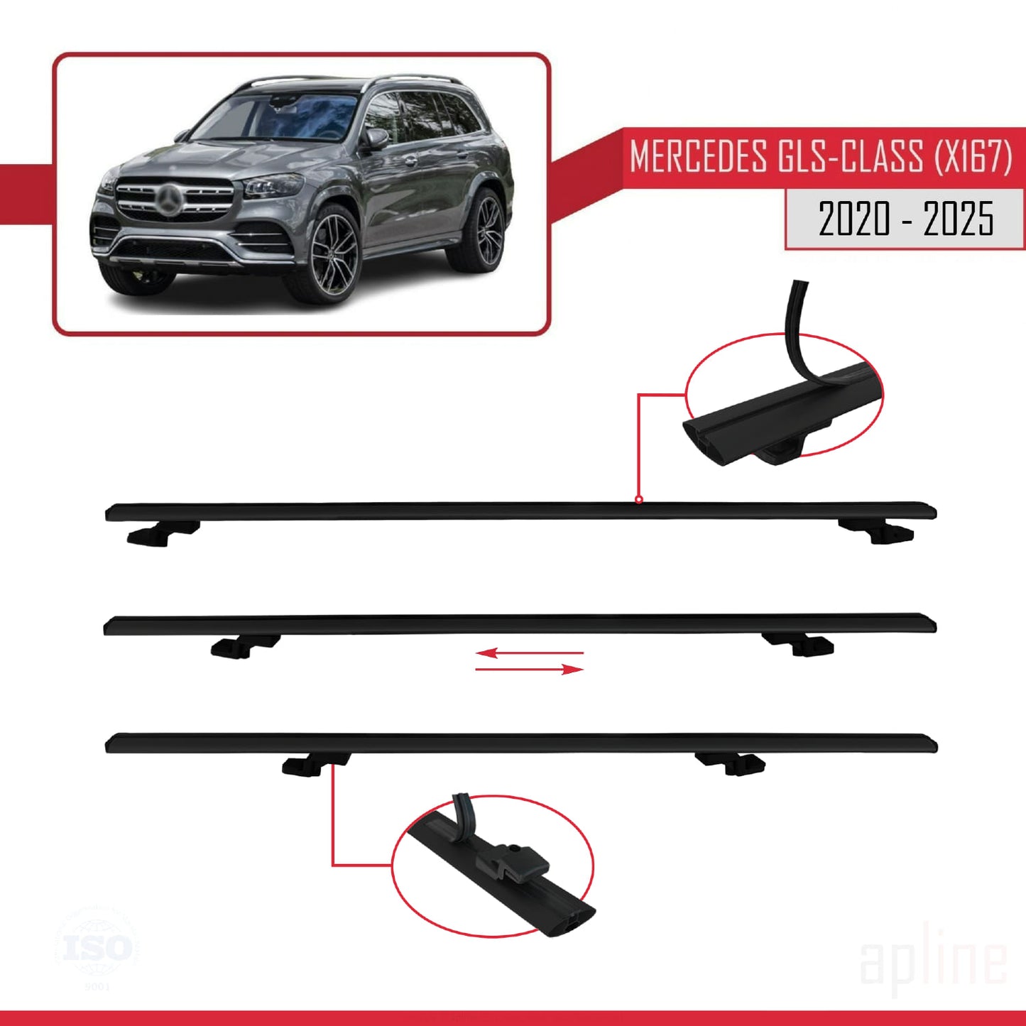 Compatible with Mercedes GLS Class (X167) 2020-2025 BASIC Model Car Roof Rack Cross Bar Black Aluminium 2 Bars